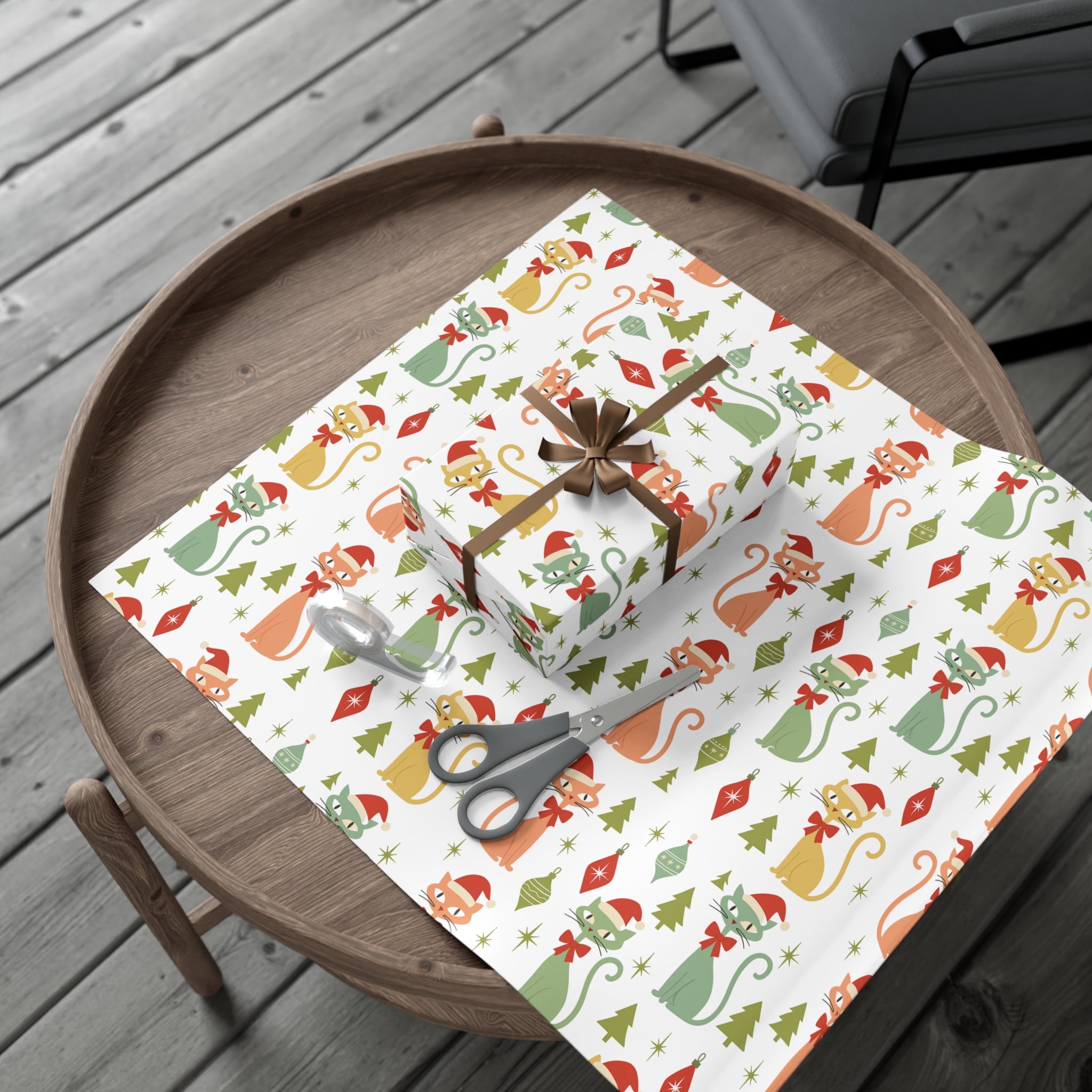 Papier Cadeau Chat Atomique Noël, Papier Cadeau Rétro, Motif Chatons Pastel Milieu de Siècle, Fêtes Vintage 30x20, 30x72, 30x144 Parfait pour toutes les Occasions