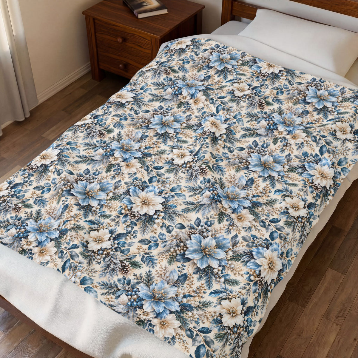 Icy Blue Floral Velveteen Plush Throw Blanket