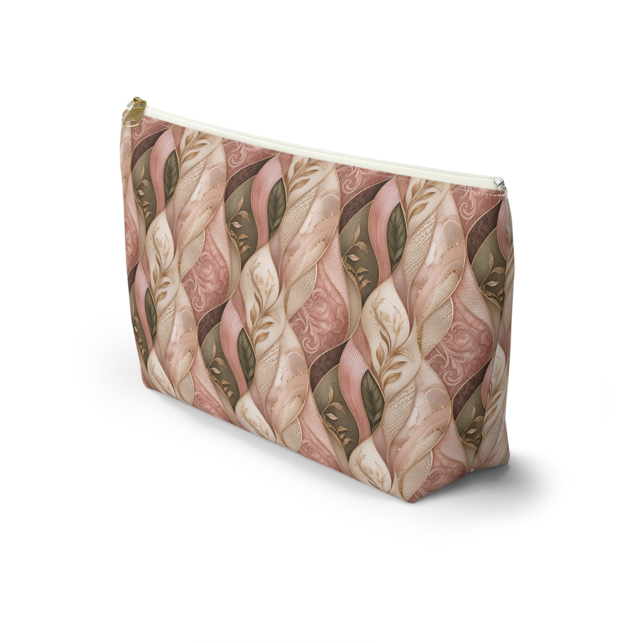 Braided Floral Accessory Pouch — Pink & Olive T‑Bottom Cosmetic Bag
