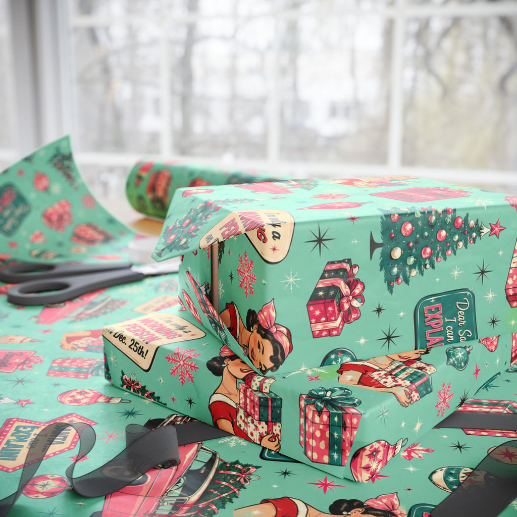Funny Retro Christmas Wrapping Paper  Vintage Pink Holiday Gift Wrap  Mid Century Christmas Gifts Cute Nostalgic Xmas Paper