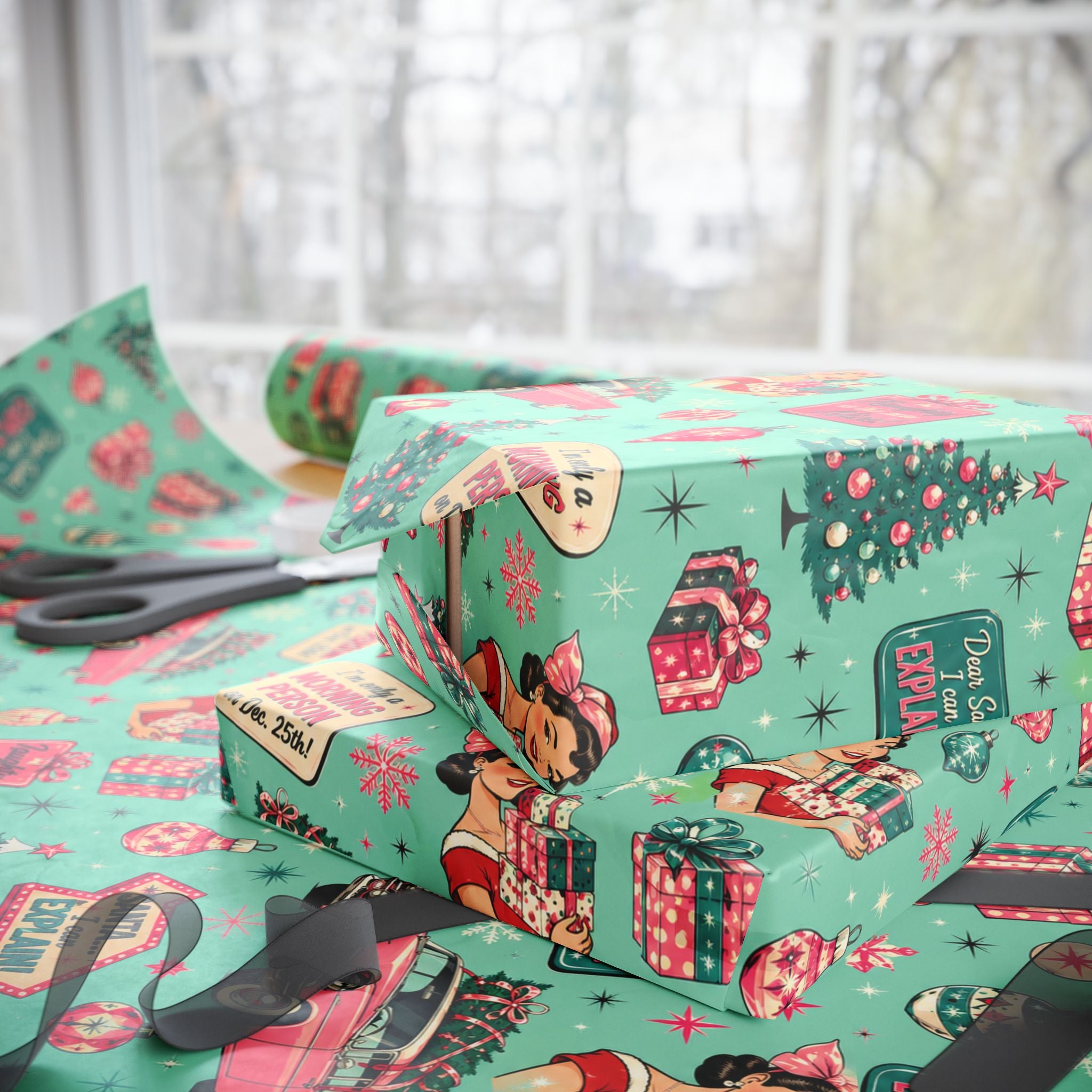 Funny Retro Christmas Wrapping Paper  Vintage Pink Holiday Gift Wrap  Mid Century Christmas Gifts Cute Nostalgic Xmas Paper