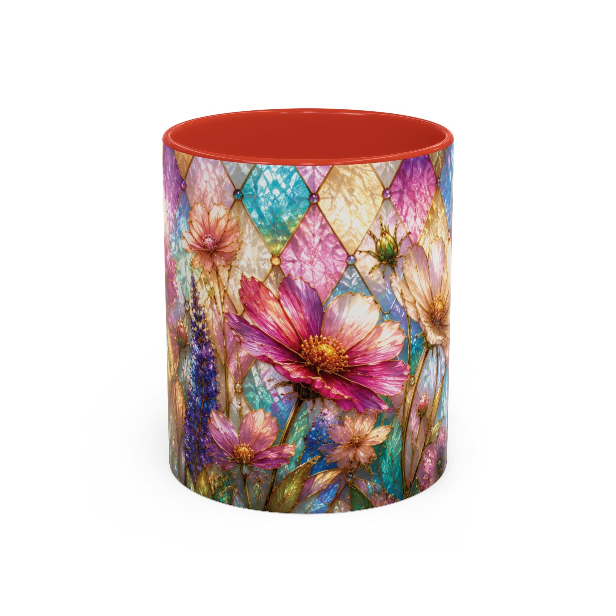 Floral Mosaic Accent Coffee Mug — Colorful Garden Flowers 11/15oz Stain Glass Illusion
