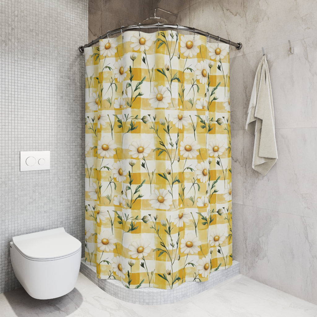 Yellow Daisy Checker Shower Curtain — Retro Floral Bath Decor