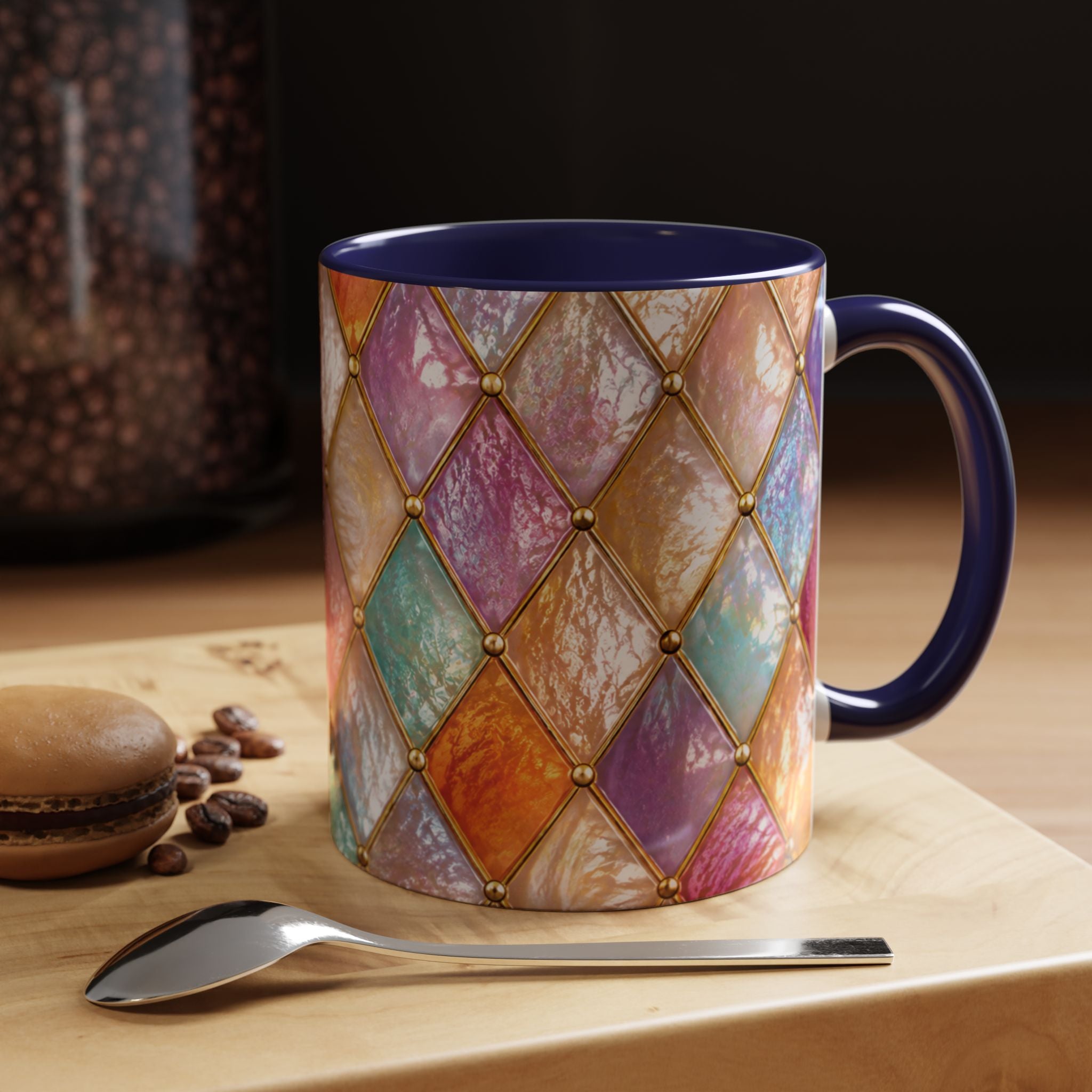 Colorful Jewel-Quilt Accent Coffee Mug — Vibrant Stained-Glass Pattern (11/15oz) Gift for her