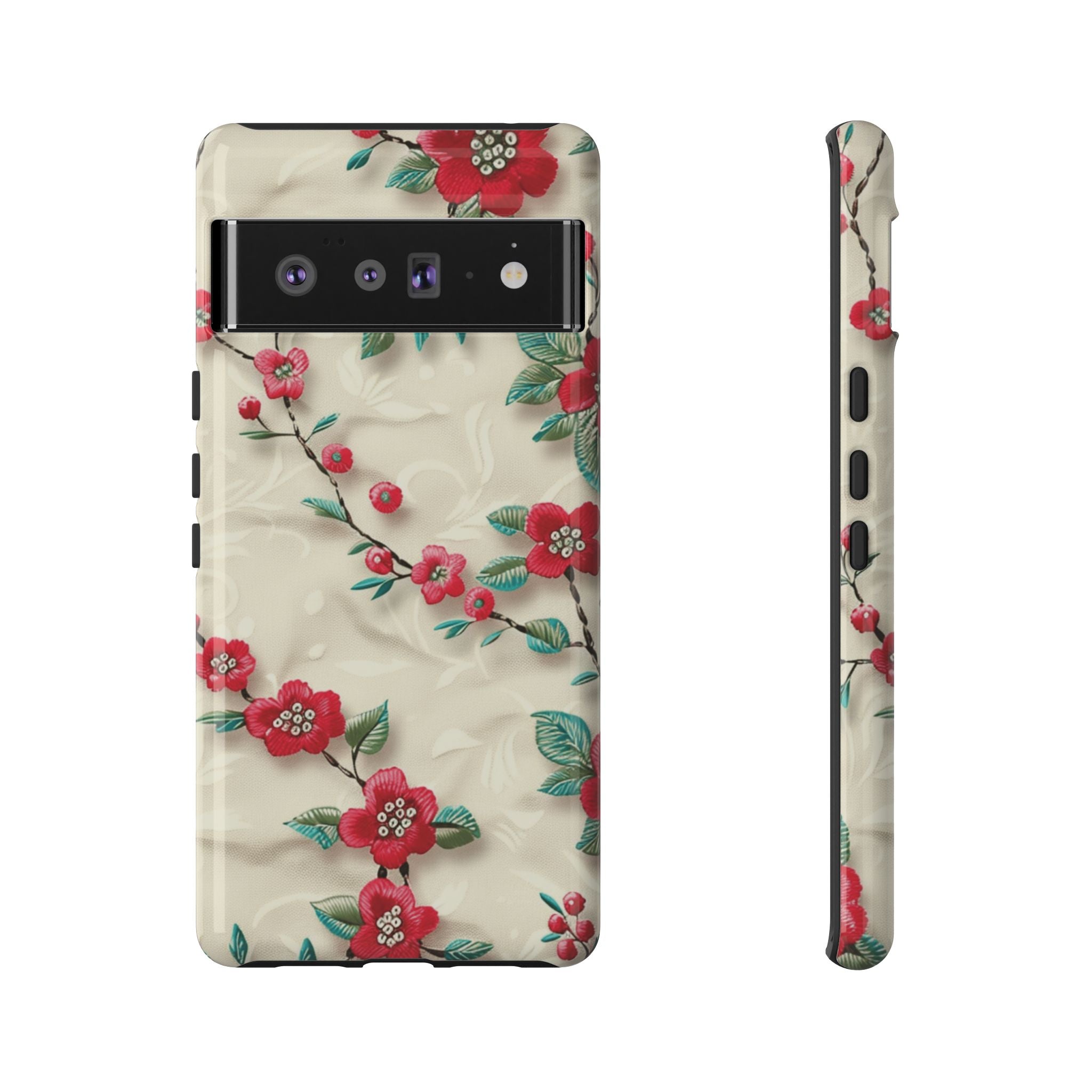 3D Embroidery Illusion Red Flowers Phone Case for iPhone, Samsung Pixel Artistic Floral Protection 15 14 13 12, 21 23 Gift for Her Perfect for Floral Lover