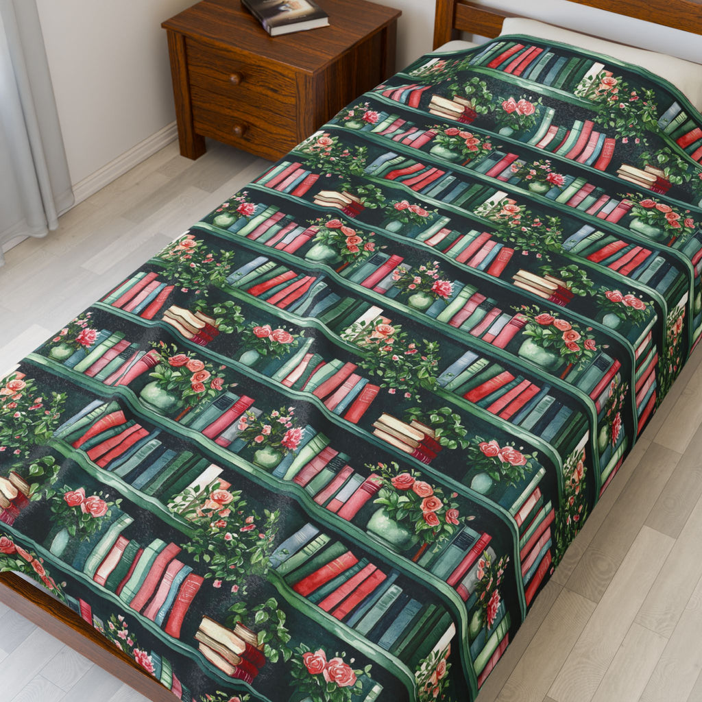 Couverture en peluche Velveteen — Plaid douillet « Livres et fleurs » pour lecteurs et enseignants