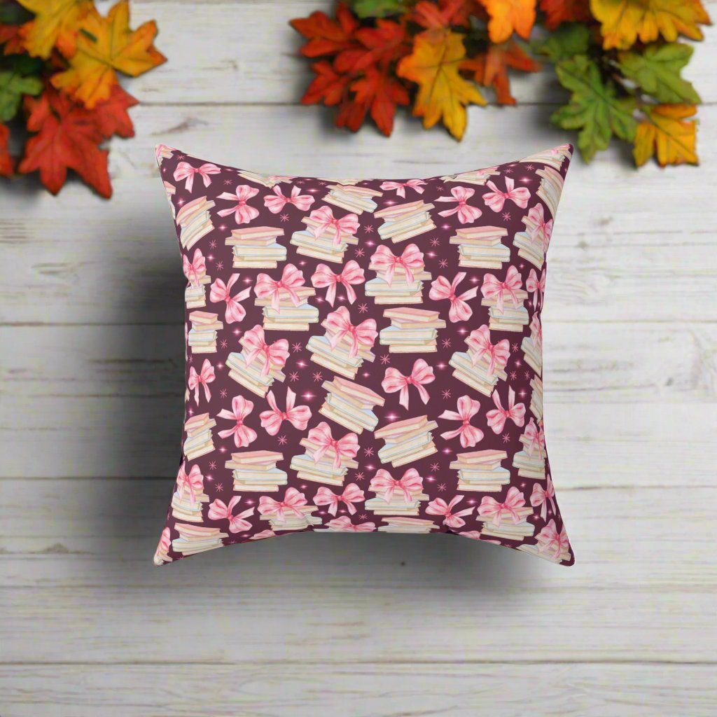Boho Elegant Coquette Pink Bows & Books Square Pillow Vibrant Floral Design Soft and Stylish Decorative Throw Pillow for Boho-Inspired Home Décor Bridal Shower