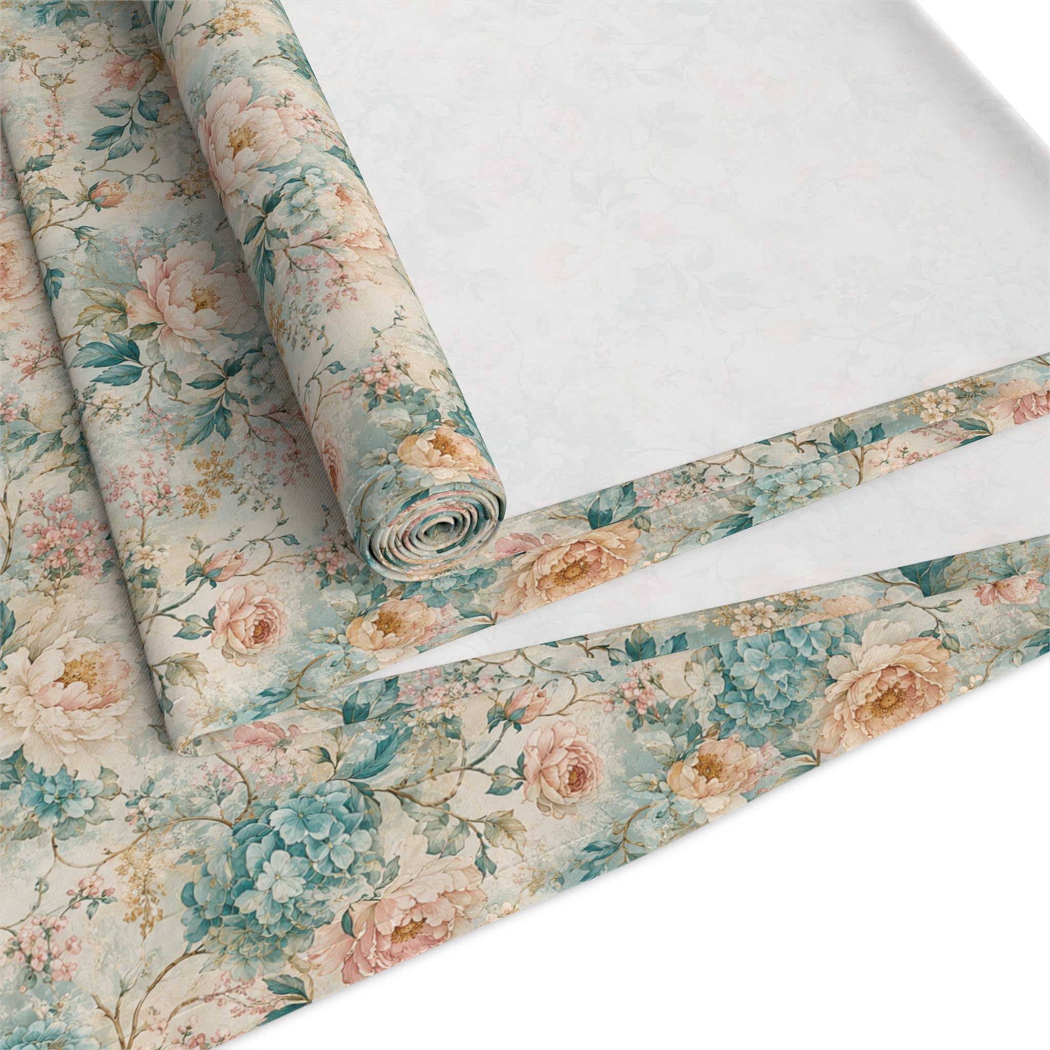 Floral Vintage Table Runner — Soft Blue Cream Cotton-Poly Dining Decor