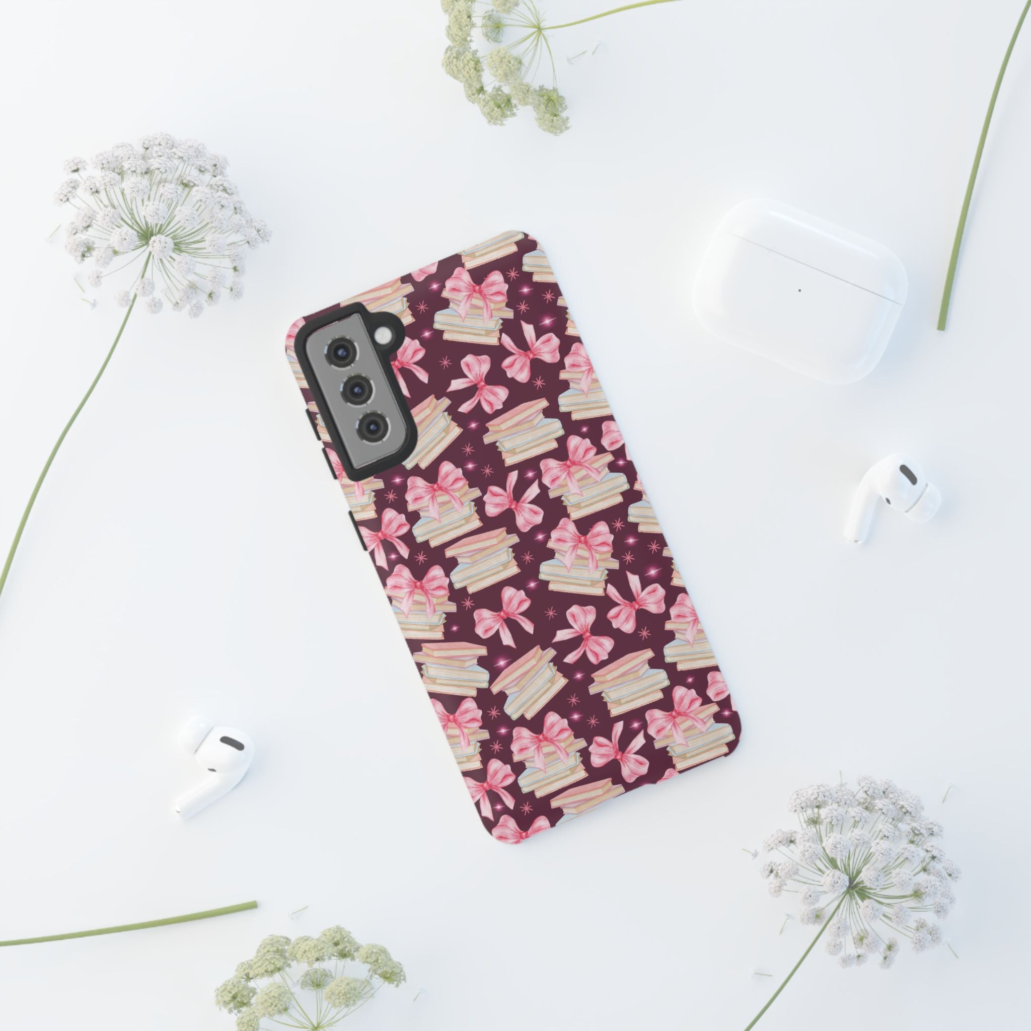 Coquette Pink Bows & Books Phone Case for iPhone 17 and Samsung, Pixel | Stylish Protective Cover Gift for Her Perfect for Floral Lover
