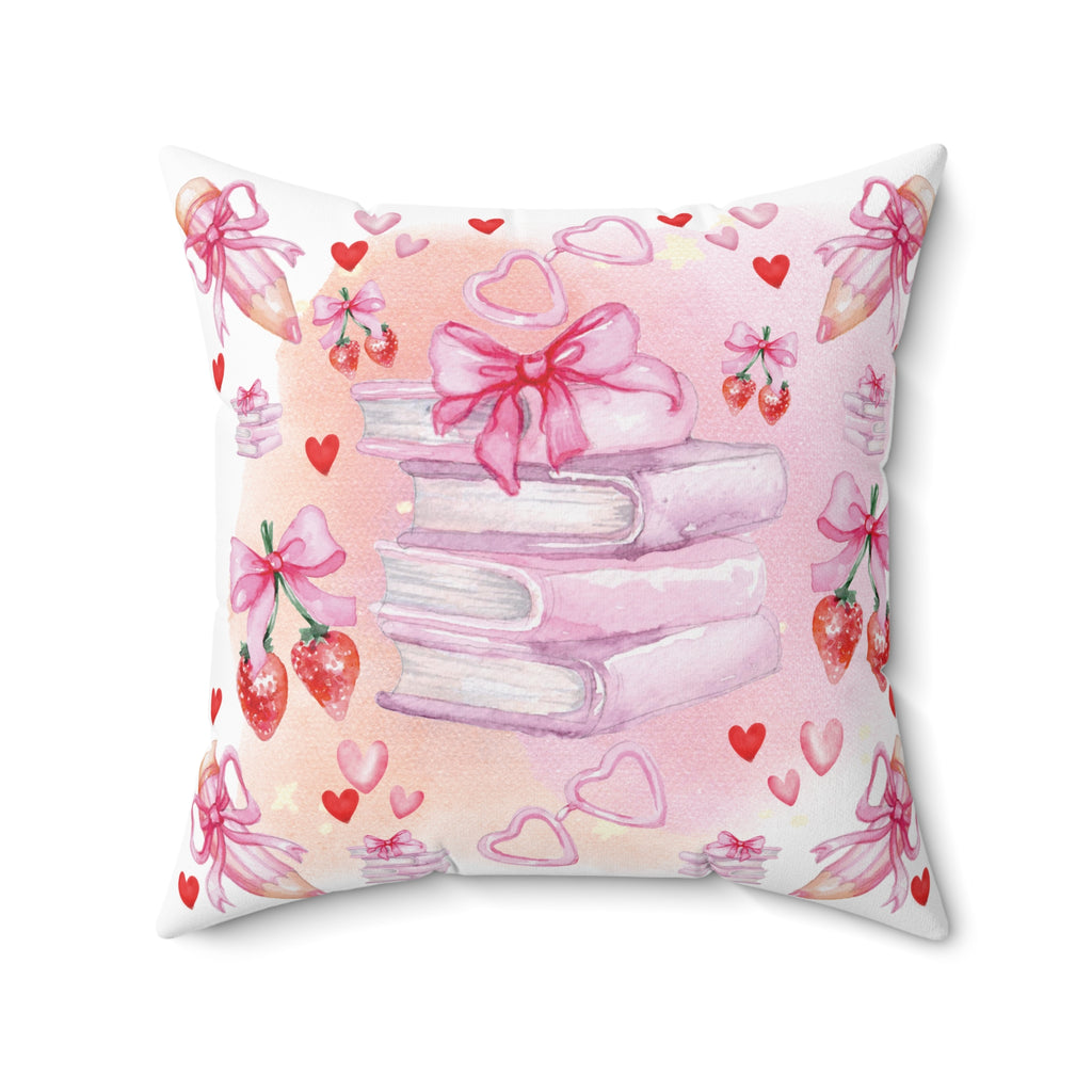 Pink Books and Bows Pillow Spun Polyester Square Pillow | Reading Nook Decor