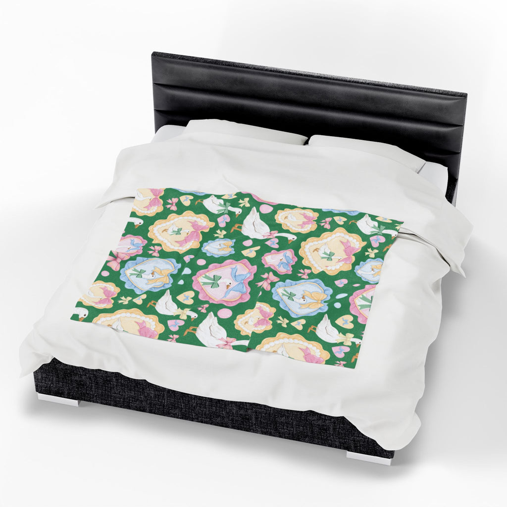 Couverture polaire en velours vert "Silly Goose" — Plaid douillet à nœuds et cœurs pastel