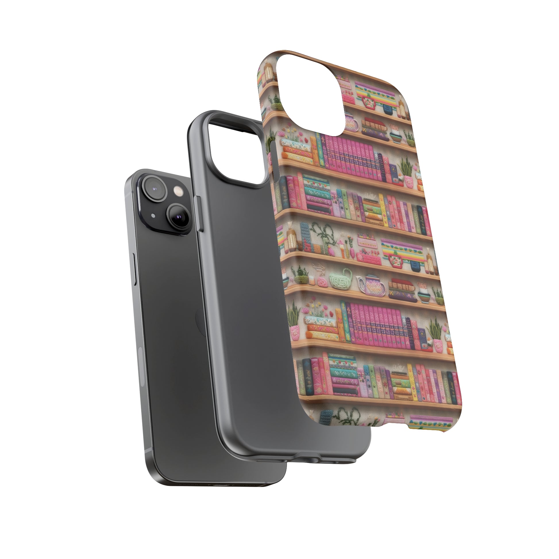 Phone Case 3D Illusion Books & Shelf Embroidery Design with Vibrant Colors Gift for Her Phone 15, Samsung iPhone Samsung Gift for Her Case iPhone 15, Samsung iPhone Samsung Accessory Gift for Her.