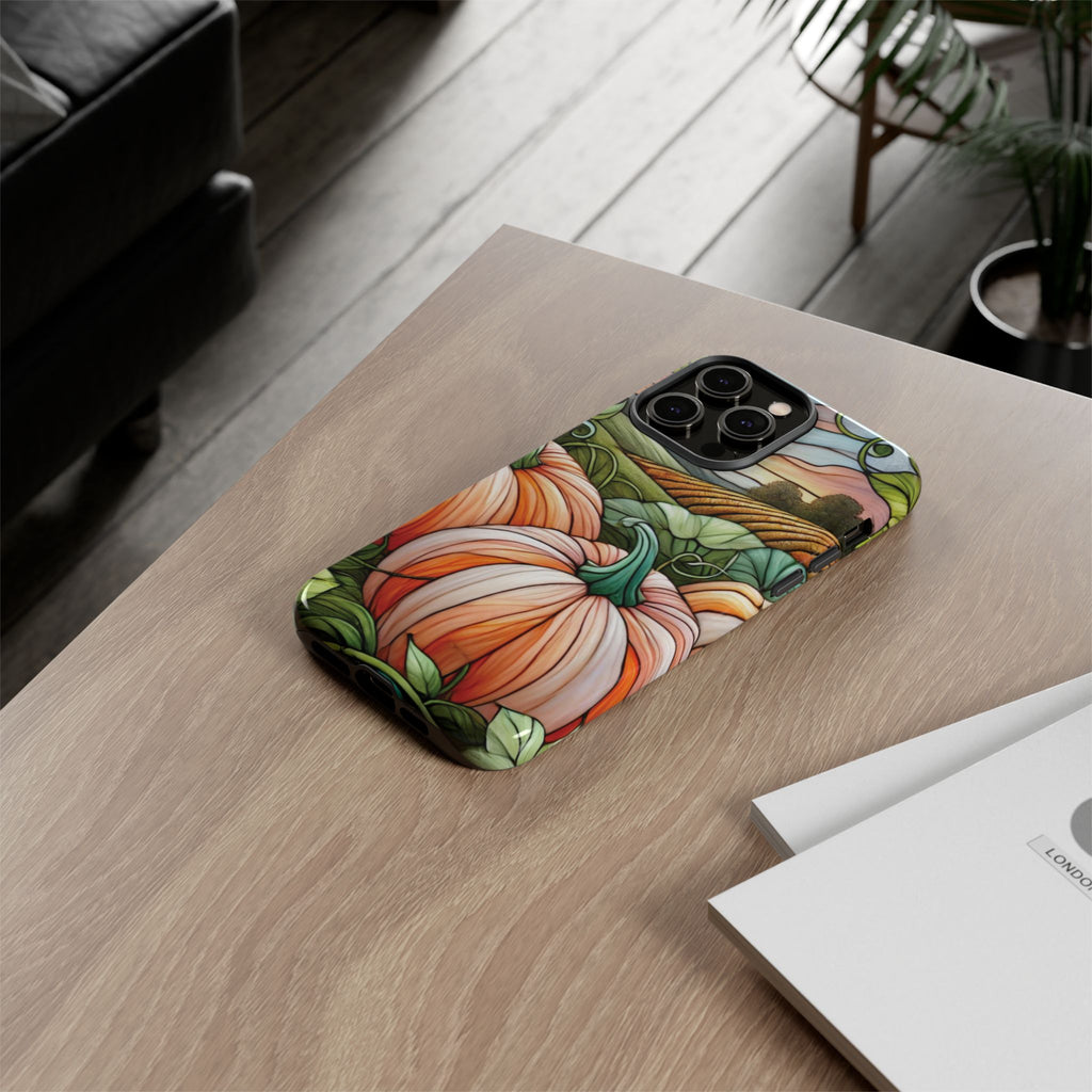 Pumpkins Phone Case Fall Faux Stained-Glass Thanksgiving Cover Pumpkin Lovers Gift for Galaxy S 24 23 22 21 Pixel 5 6 7 8 iPhone 17 , 16 15 14 13 12 Samsung iPhone Samsung Gift for Her