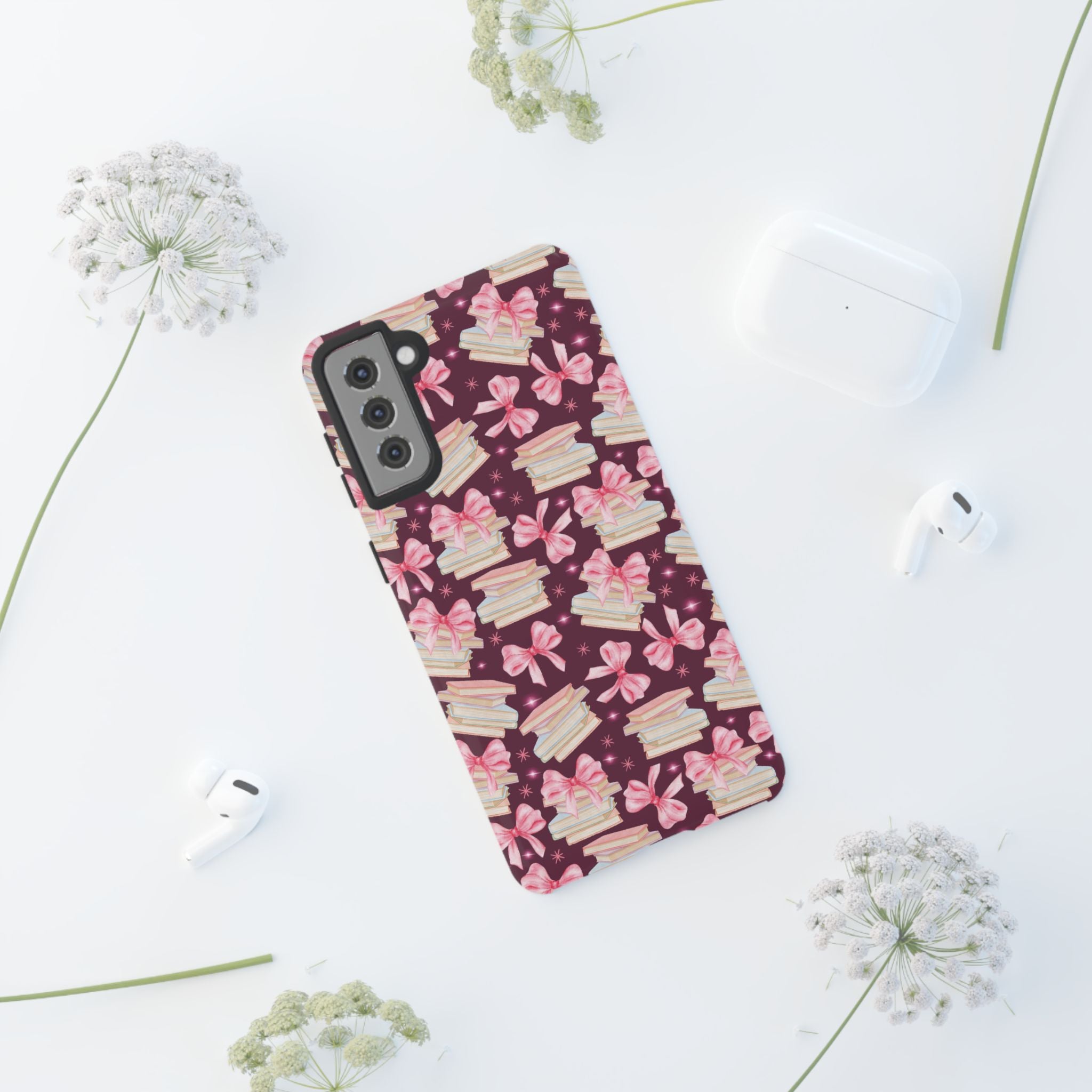 Coquette Pink Bows & Books Phone Case for iPhone 17 and Samsung, Pixel | Stylish Protective Cover Gift for Her Perfect for Floral Lover
