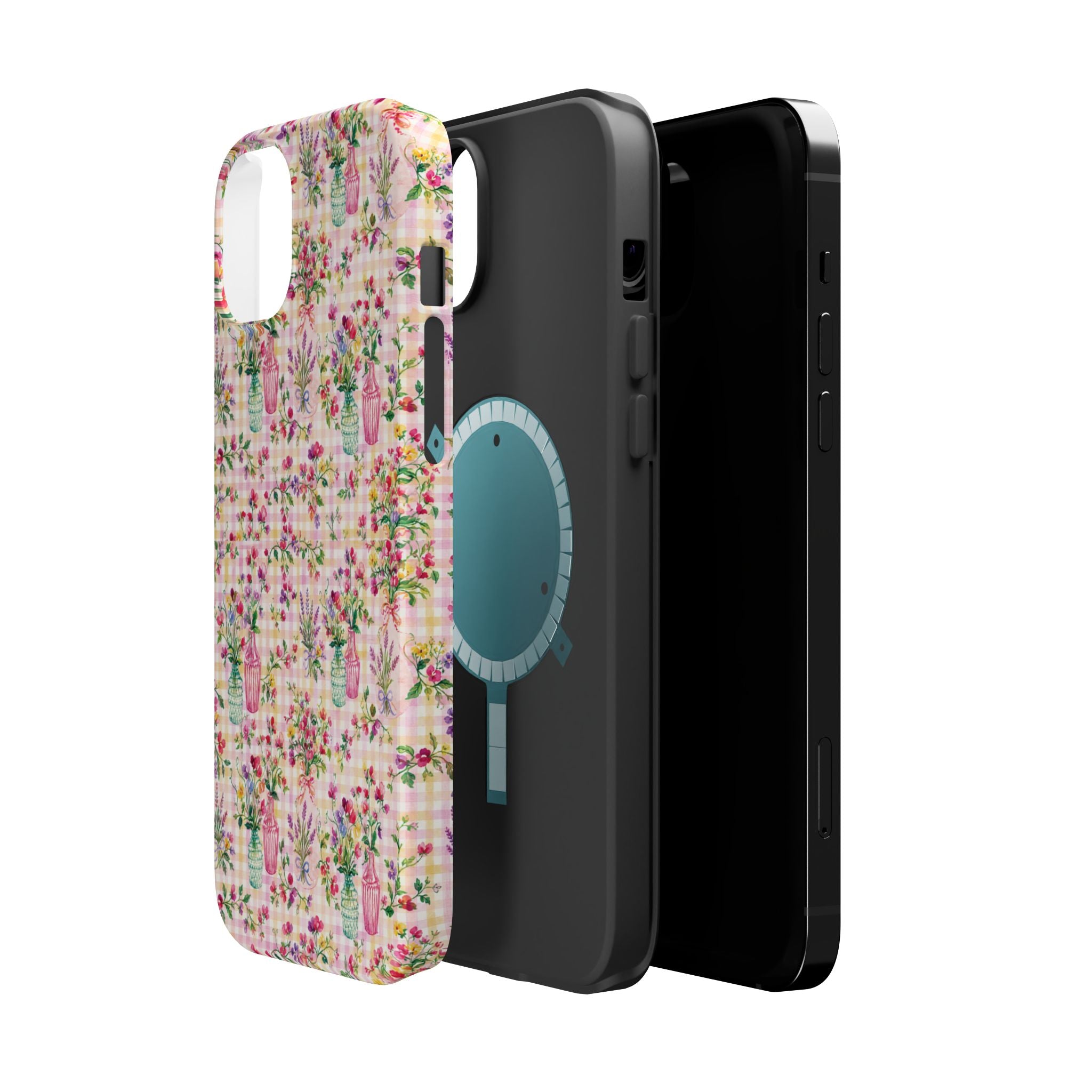 Turquoise & Pink Floral Checker Phone Case — Magnetic Impact-Resistant