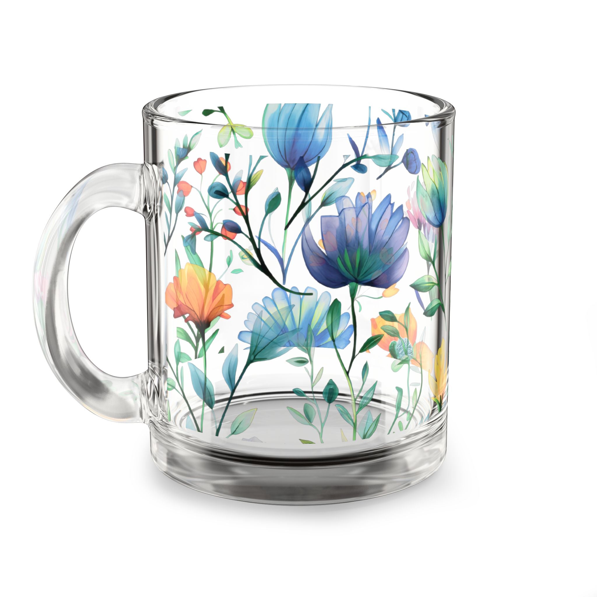 Watercolor Wildflowers Glass Mug | 10oz Floral Coffee Cup Gift for Birthday, Mom