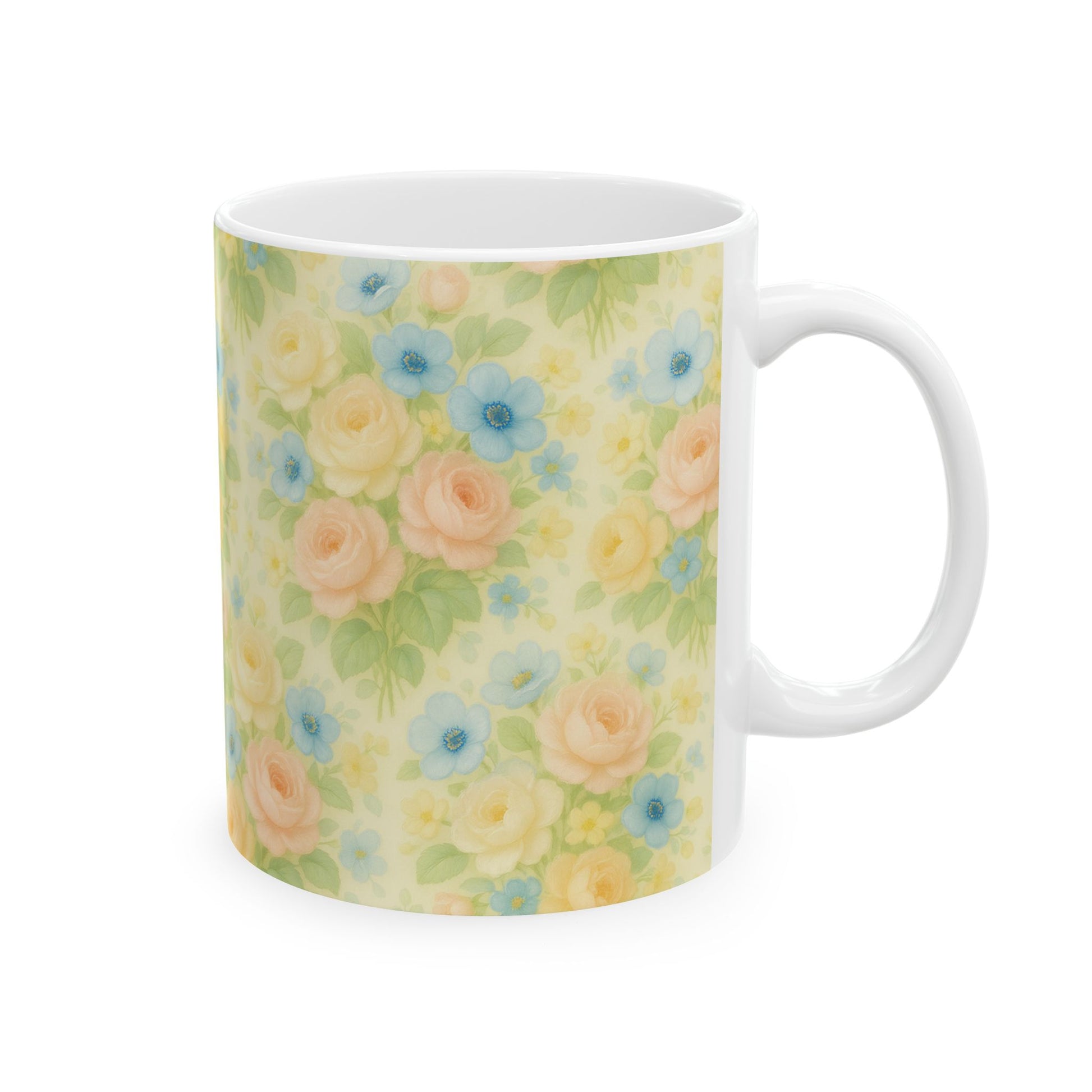 Vintage Pastel Yellow Floral Coffee Mug – 11 & 15oz Ceramic Mug, Romantic Gift for Her, Cottagecore Aesthetic, Cozy Hot Chocolate or Tea Mug for Home Decor