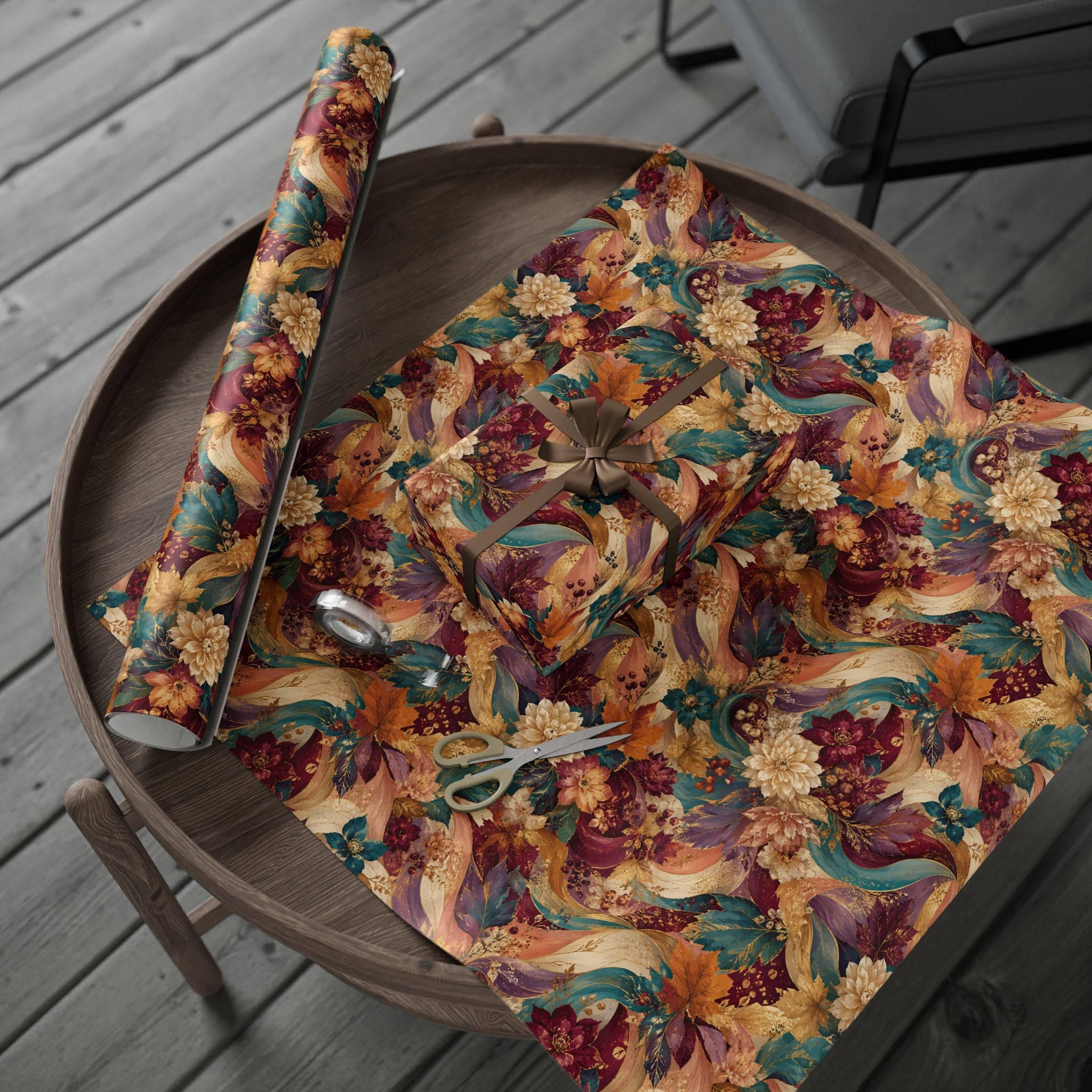 Autumn Floral Swirl Wrapping Paper - Fall Leaves & Bouquet Gift Wrap