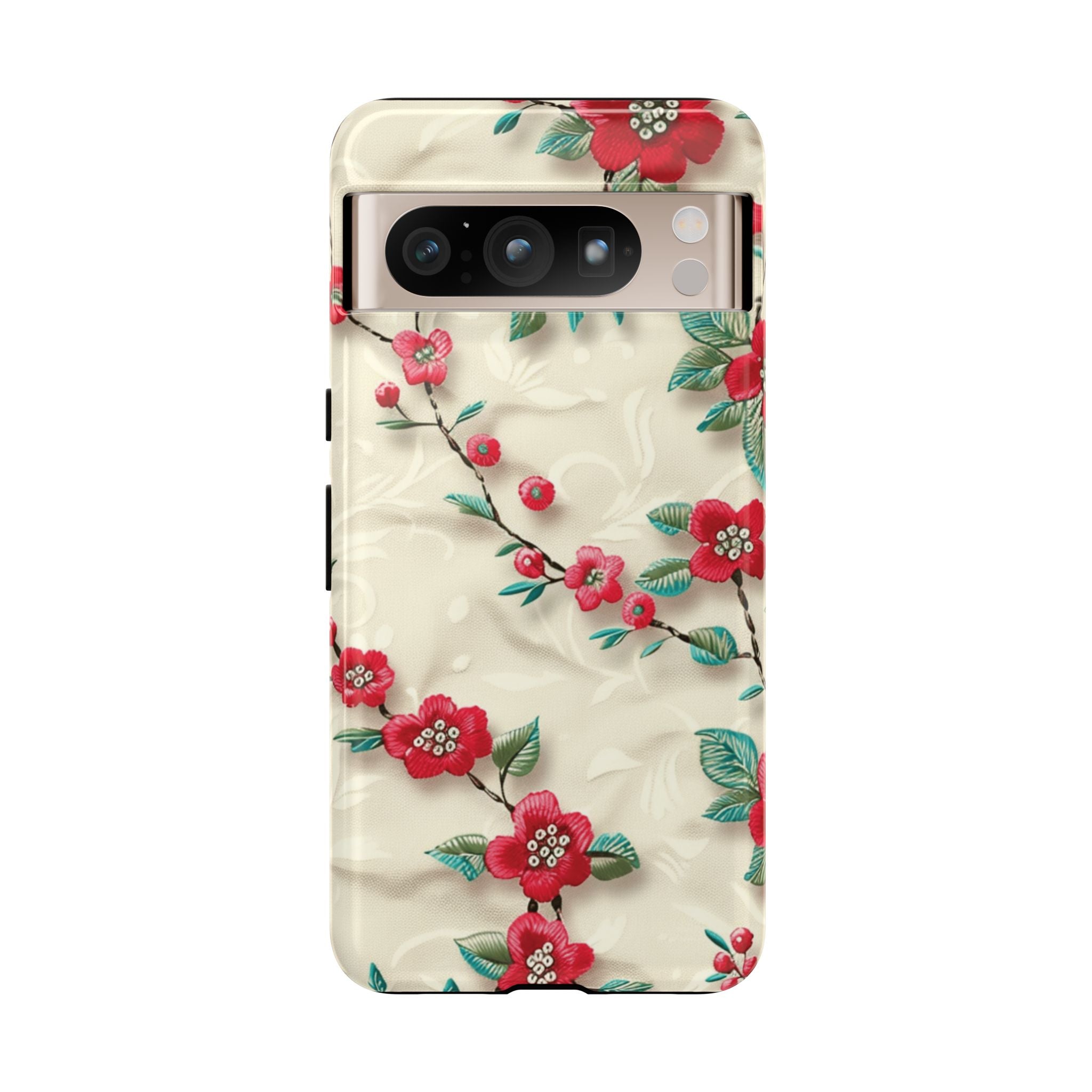 3D Embroidery Illusion Red Flowers Phone Case for iPhone, Samsung Pixel Artistic Floral Protection 15 14 13 12, 21 23 Gift for Her Perfect for Floral Lover