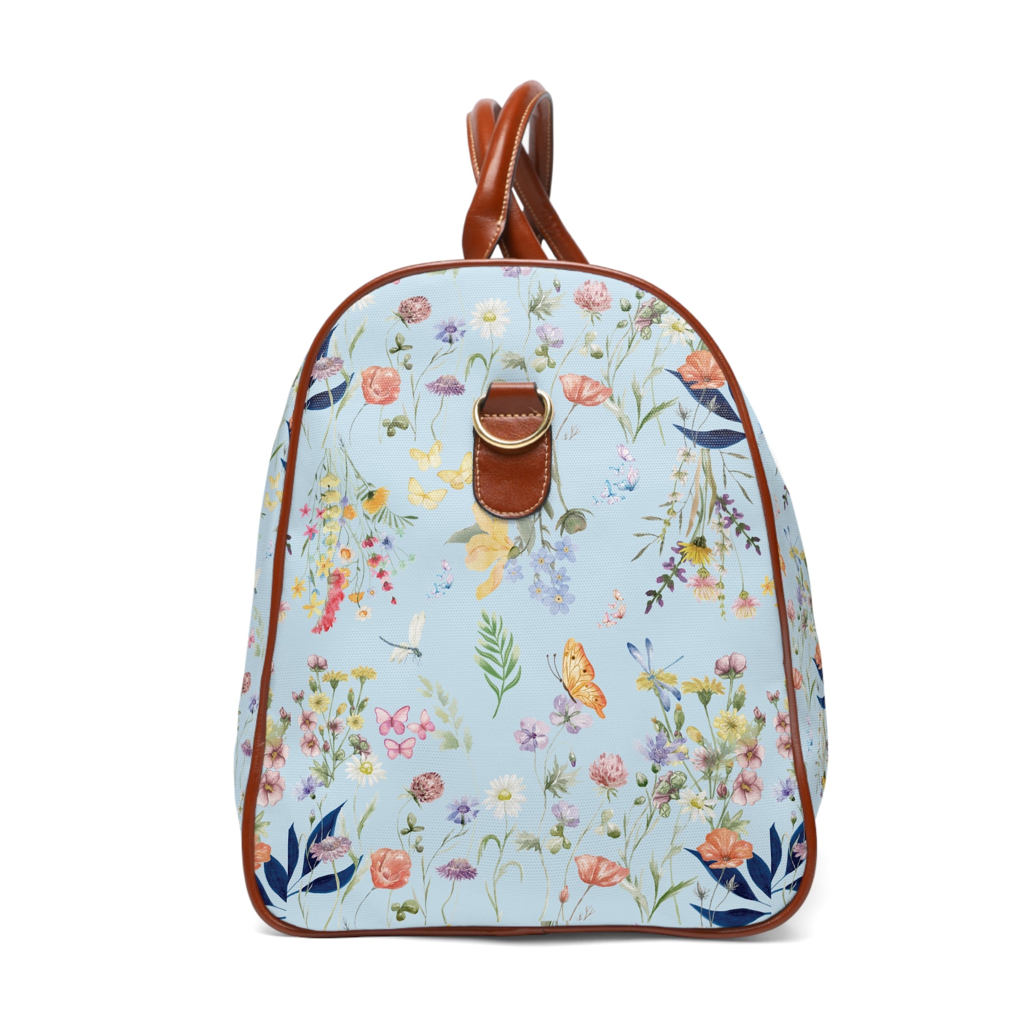 Icy Blue Floral Waterproof Travel Duffel  Watercolor Wildflowers Carry-On Bag