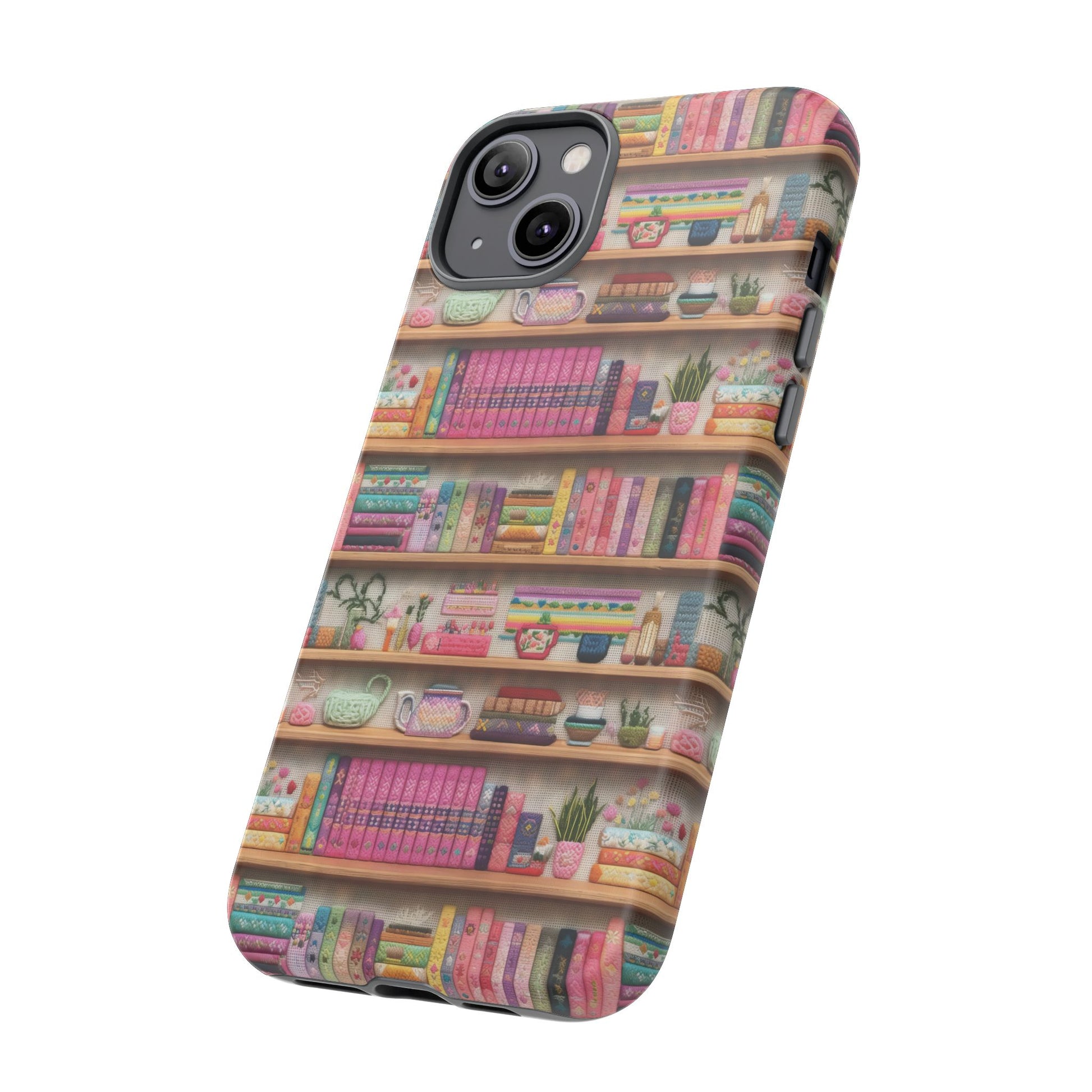 Whimsical 3D Embroidery Illusion Books on Pastel Shelves Phone Case for iPhone, Samsung & Pixel: Unique Accessory for Literary Enthusiasts Gift for Her Perfect for Floral Lover