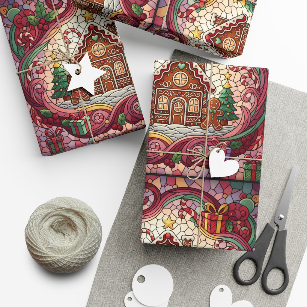 Stained Glass Gift Wrap Papers, Gingerbread House and Family Design - Wrapping Sheets, Festive Holiday Craft Supplies, Christmas Decoration