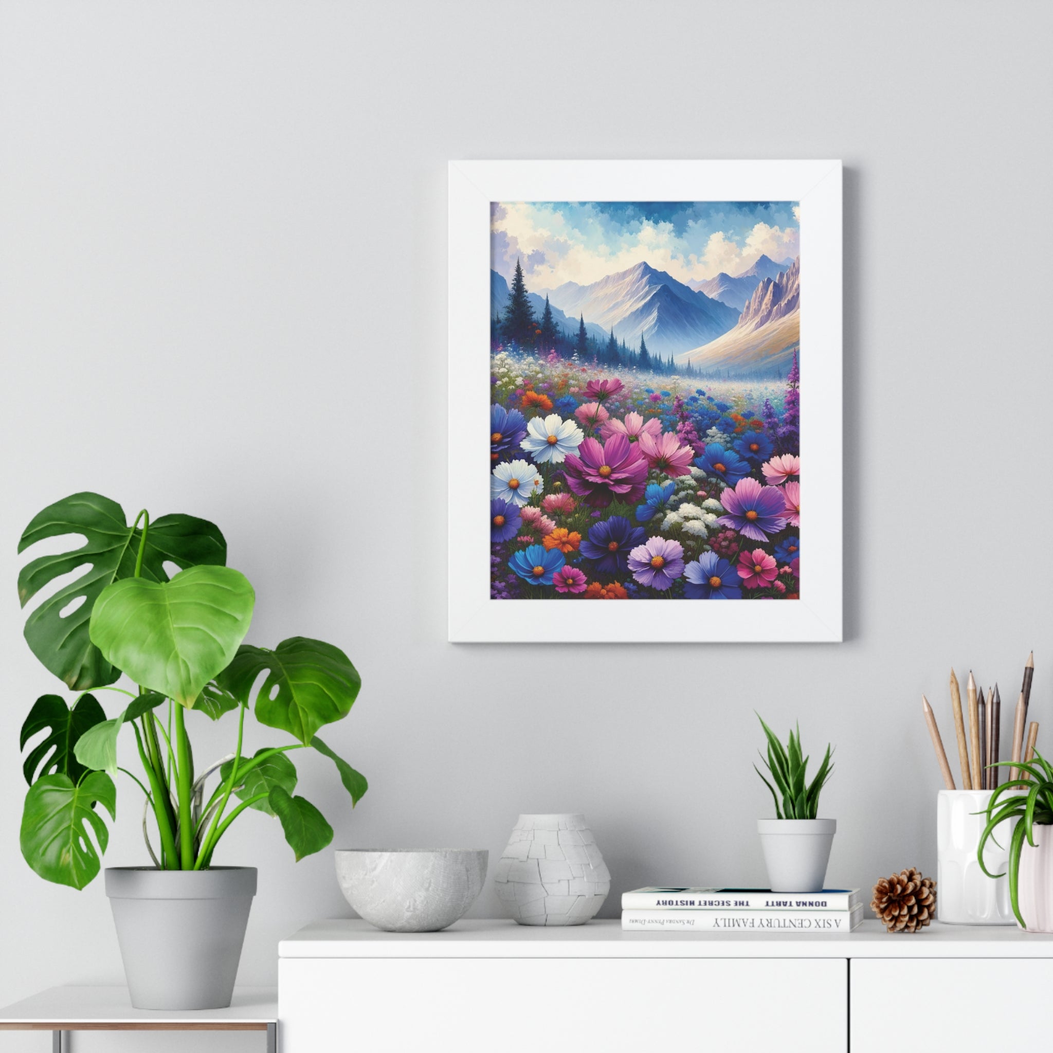 Wall Art Beautiful Wildflowers and Mountains Wildflower Art Watercolor Floral Framed Canvas Print Wall Art  Classic Encased in Black, White, or Walnut Frames with Durable Acrylic Protection Ready to Hang  Timelessly Crafted..
