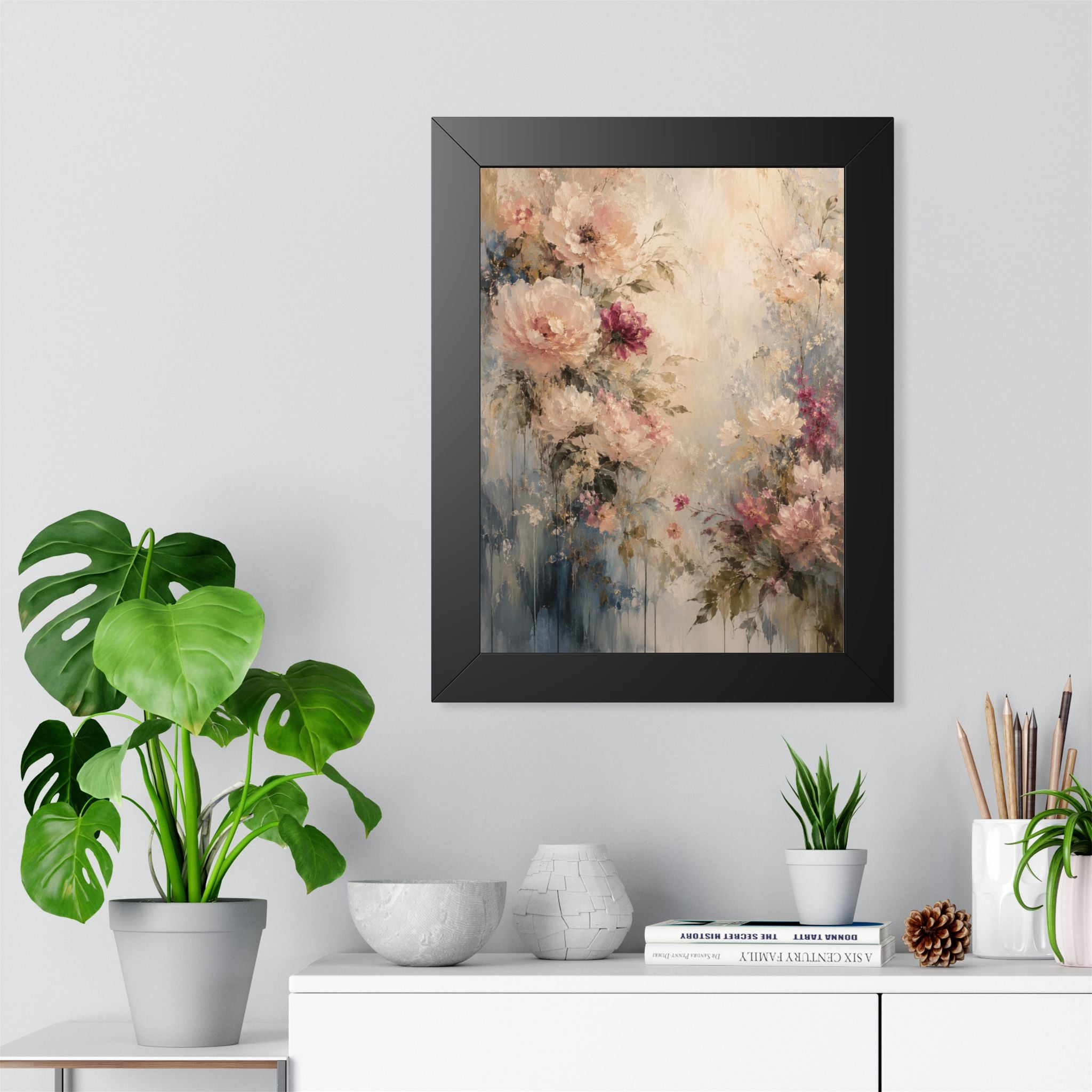 Soft Watercolor Peonies Framed Vertical Poster | Floral Wall Art