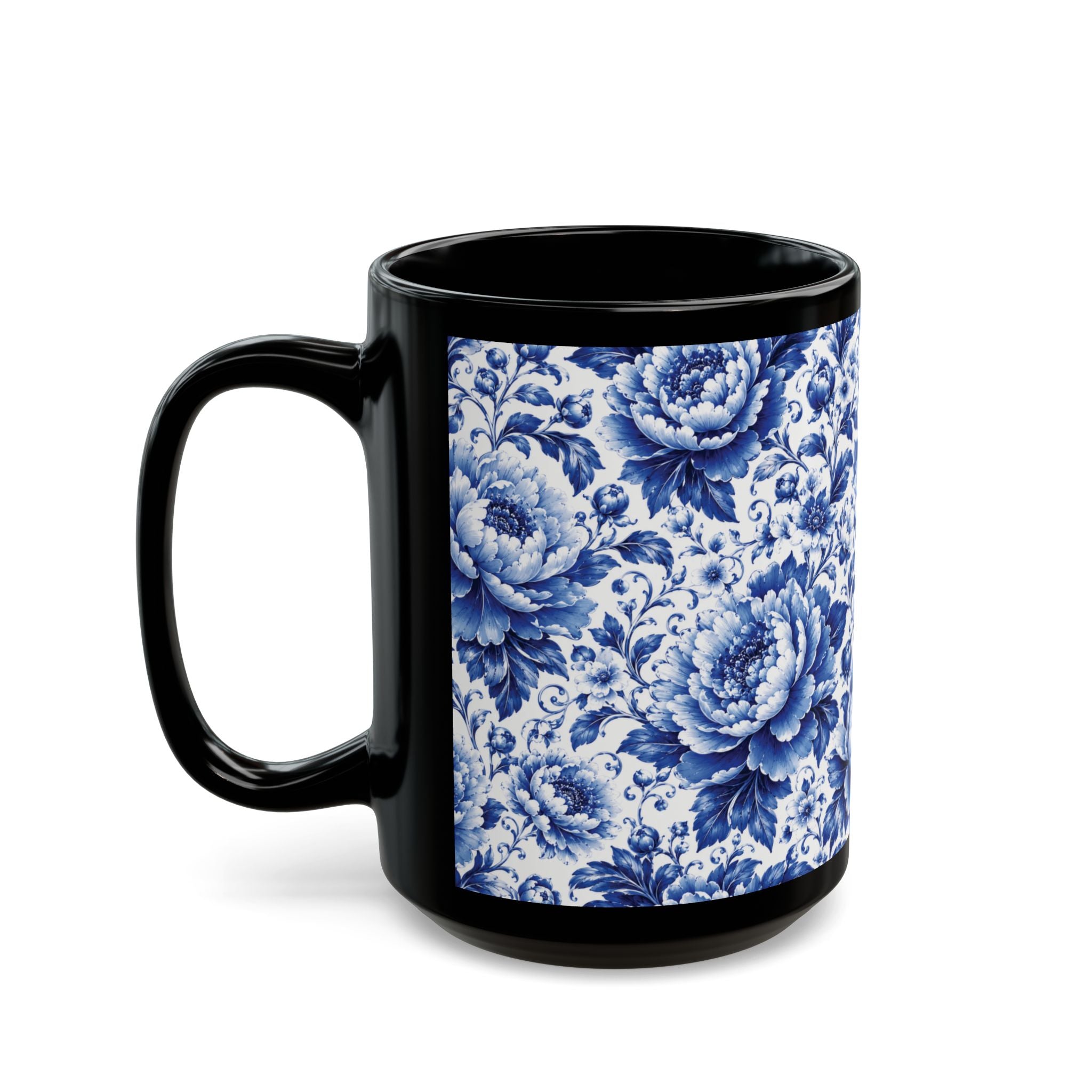 Blue Floral Porcelain Pattern Mug Elegant Black Ceramic Coffee Cup (11oz/15oz) Blue & White Chinoiserie Tea Cup