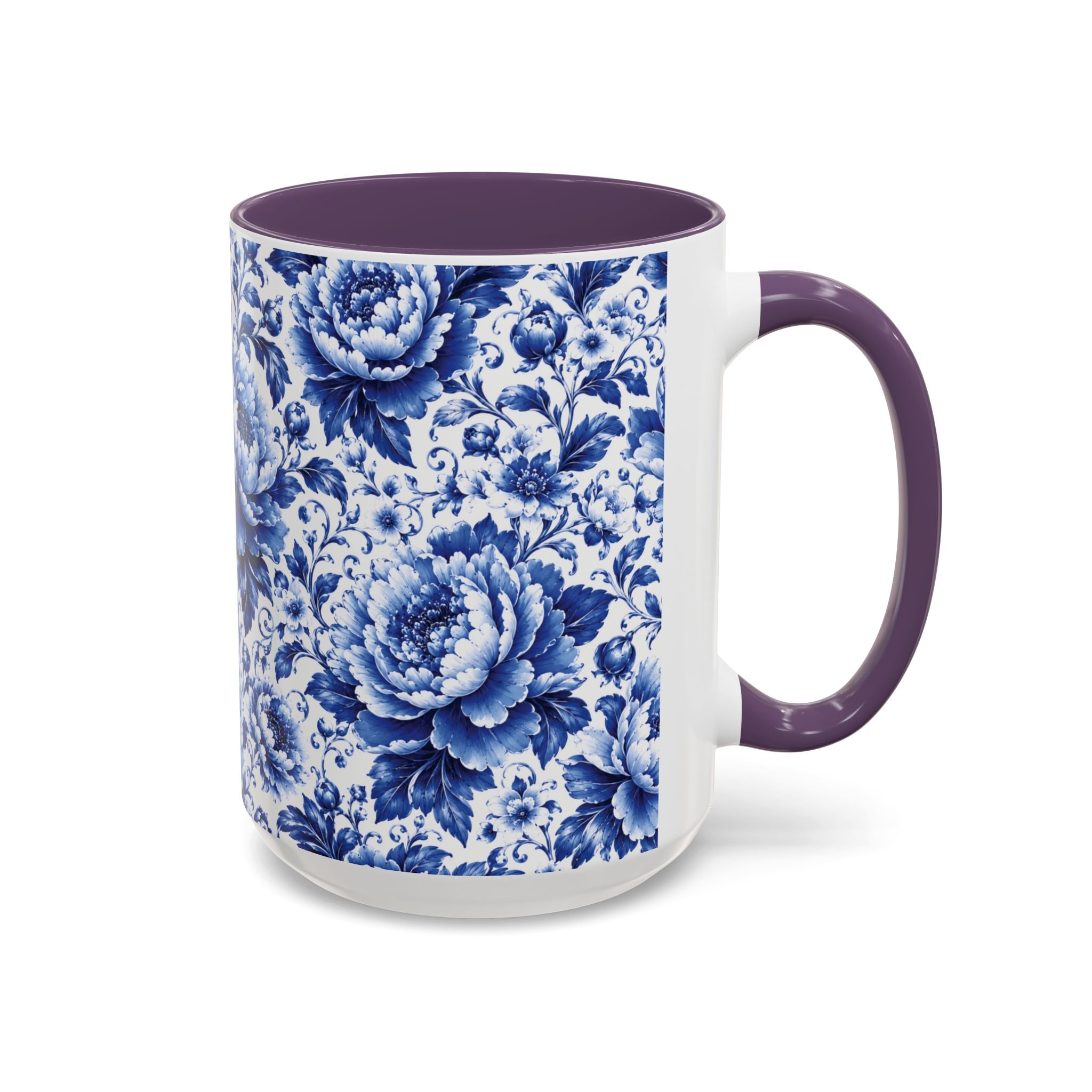 Blue Floral Ceramic Coffee Mug — Vintage Delft Peony Accent (11oz & 15oz) Blue & White Chinoiserie Tea Mug