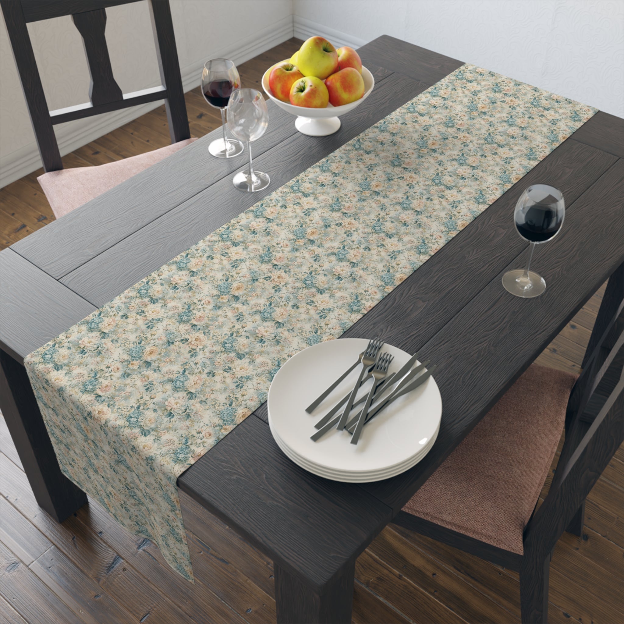 Floral Vintage Table Runner — Soft Blue Cream Cotton-Poly Dining Decor