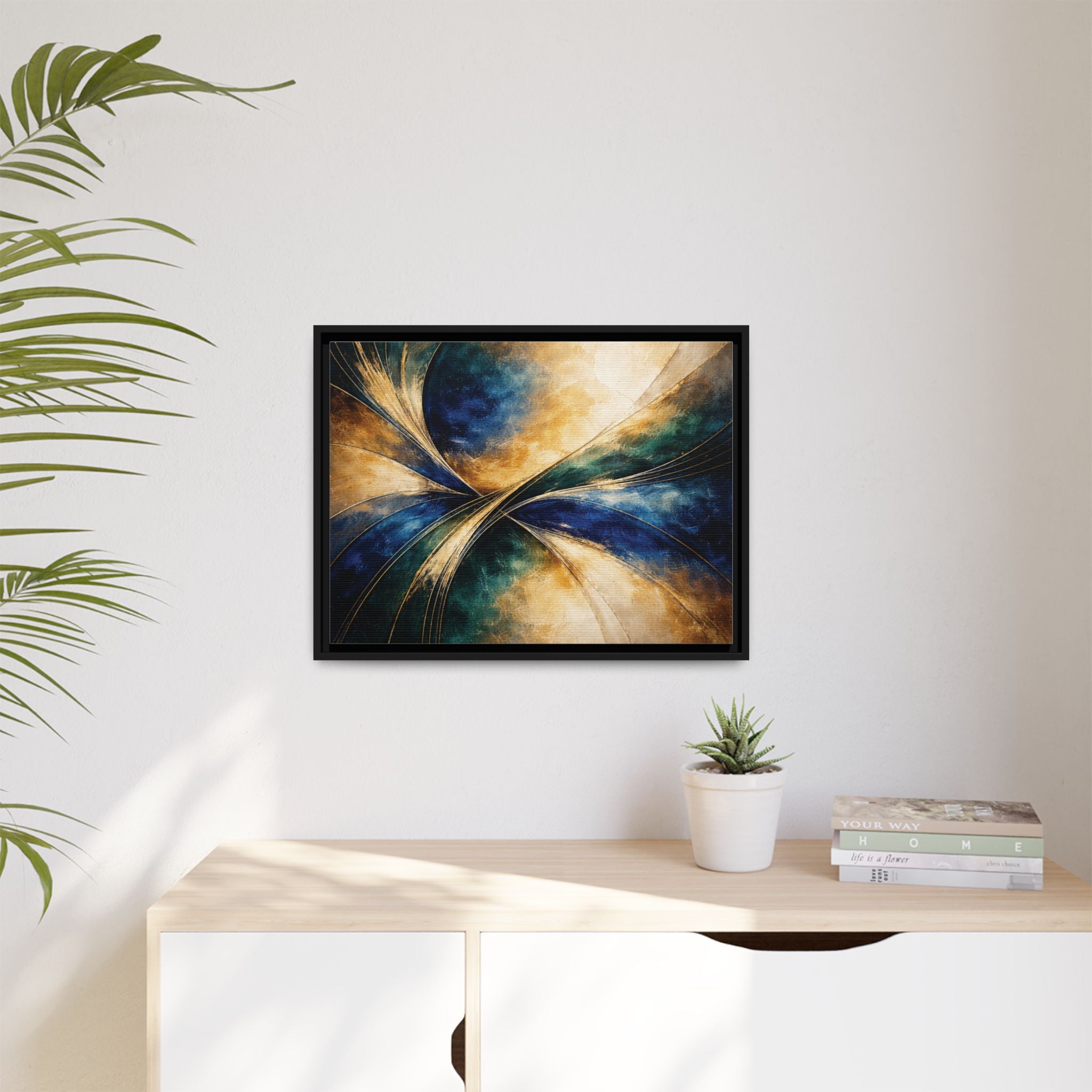 Gilded Convergence  Luxe NeoDeco Blue & Gold Abstract Wall Art Framed