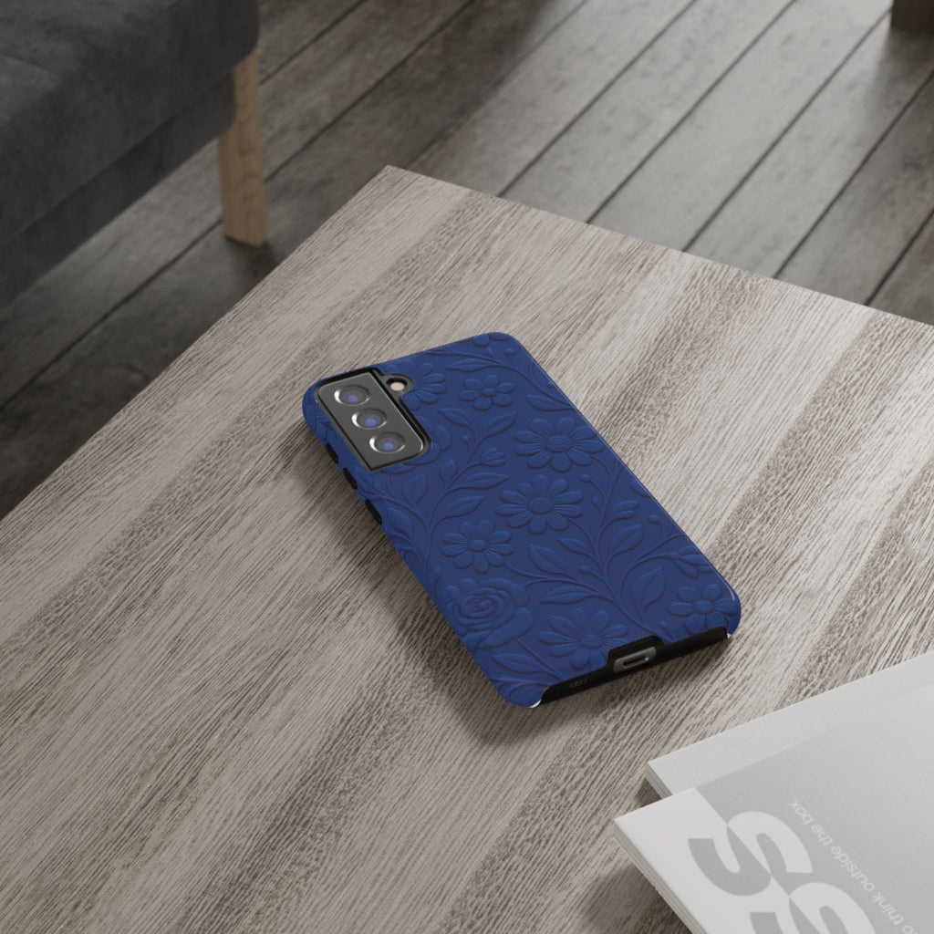 3D Illusion Floral Cobalt Blue Phone Case Elegant Raised Flower Design, Seamless Textured Look, Durable & Stylish Protection for iPhone and Android Models Fits iPhone & Samsung Models