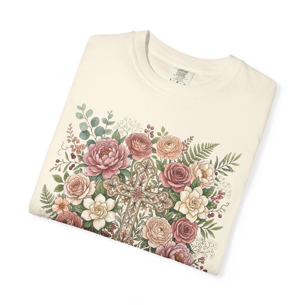 He Is Risen Floral Cross T-Shirt Christian Gift