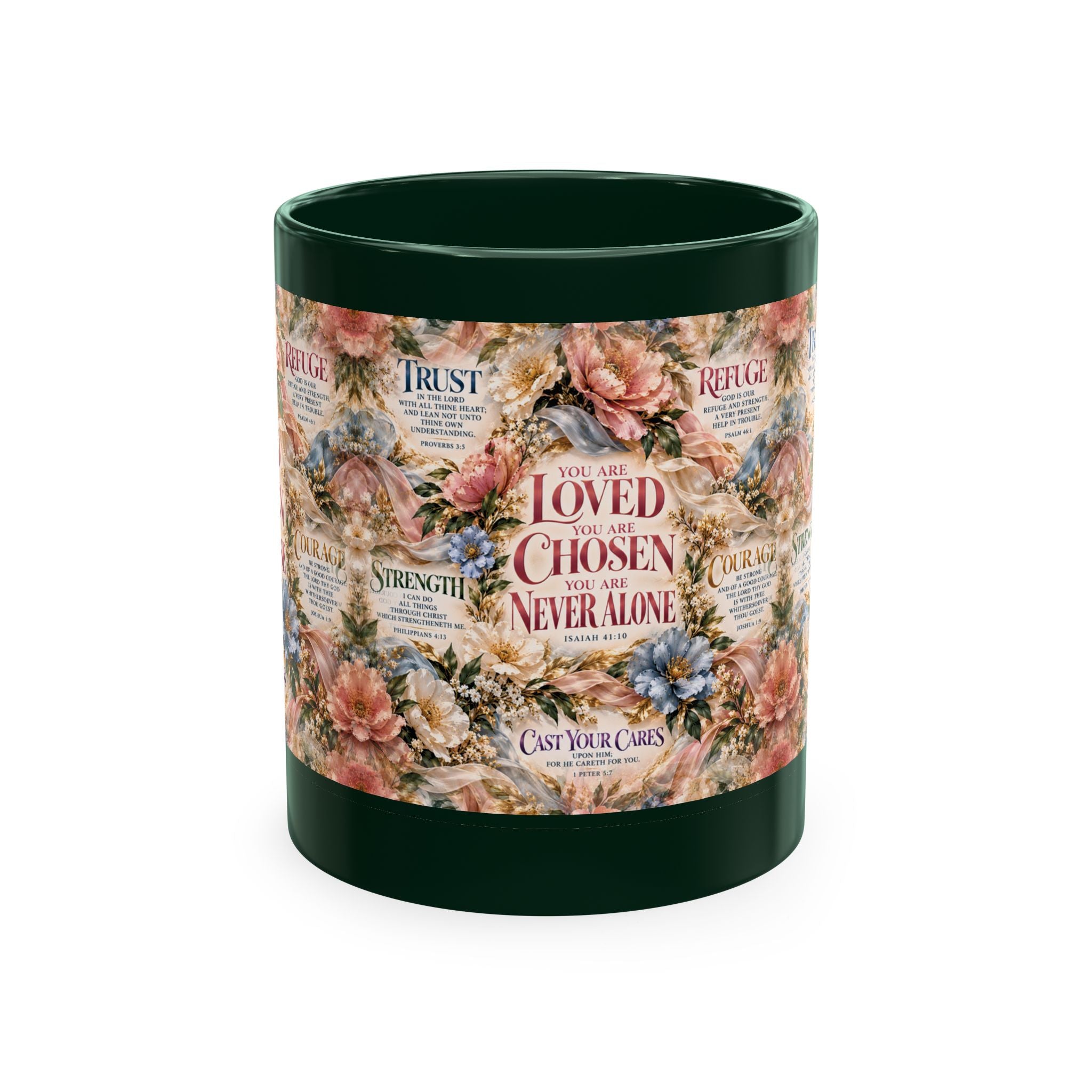 Loved Chosen Never Alone Coffee Mug | Christian Encouragement Gift for Her | Faith Floral Cup