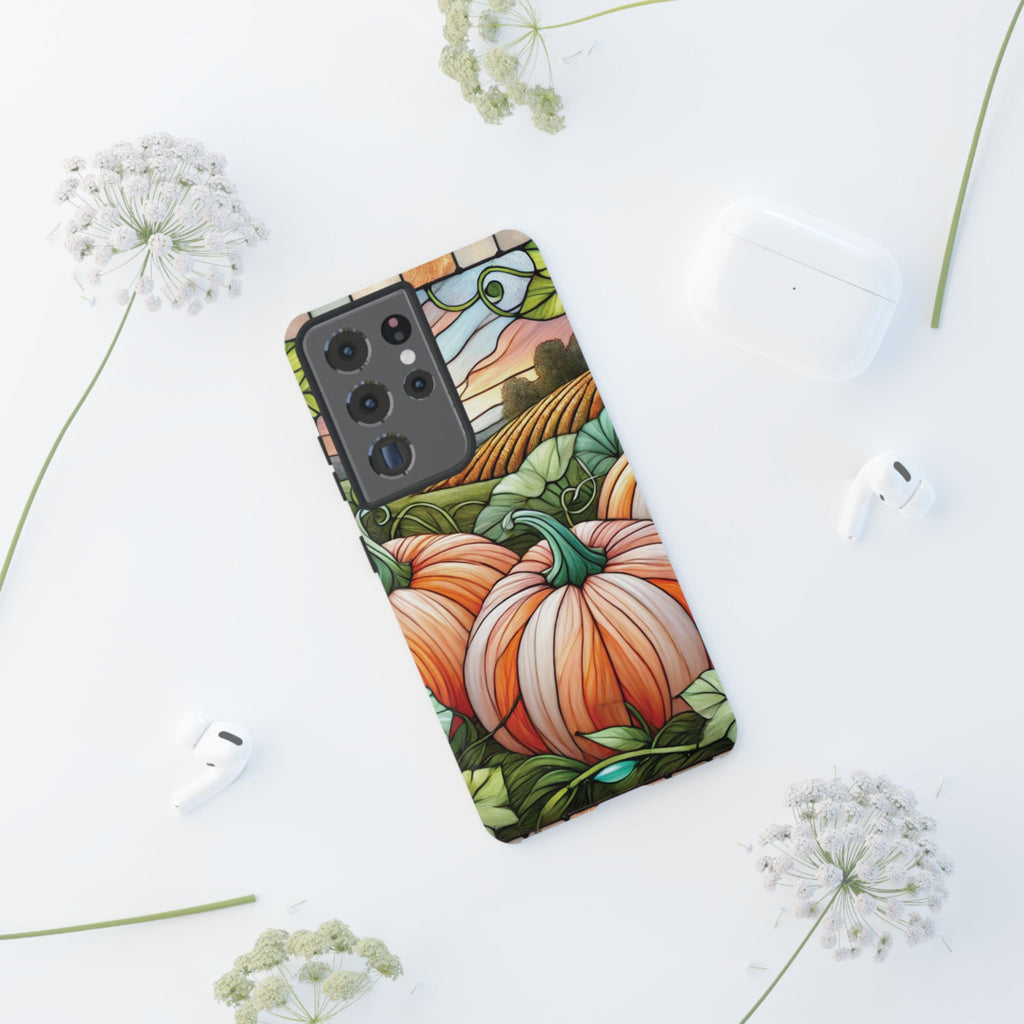 Pumpkins Phone Case Fall Faux Stained-Glass Thanksgiving Cover Pumpkin Lovers Gift for Galaxy S 24 23 22 21 Pixel 5 6 7 8 iPhone 17 , 16 15 14 13 12 Samsung iPhone Samsung Gift for Her
