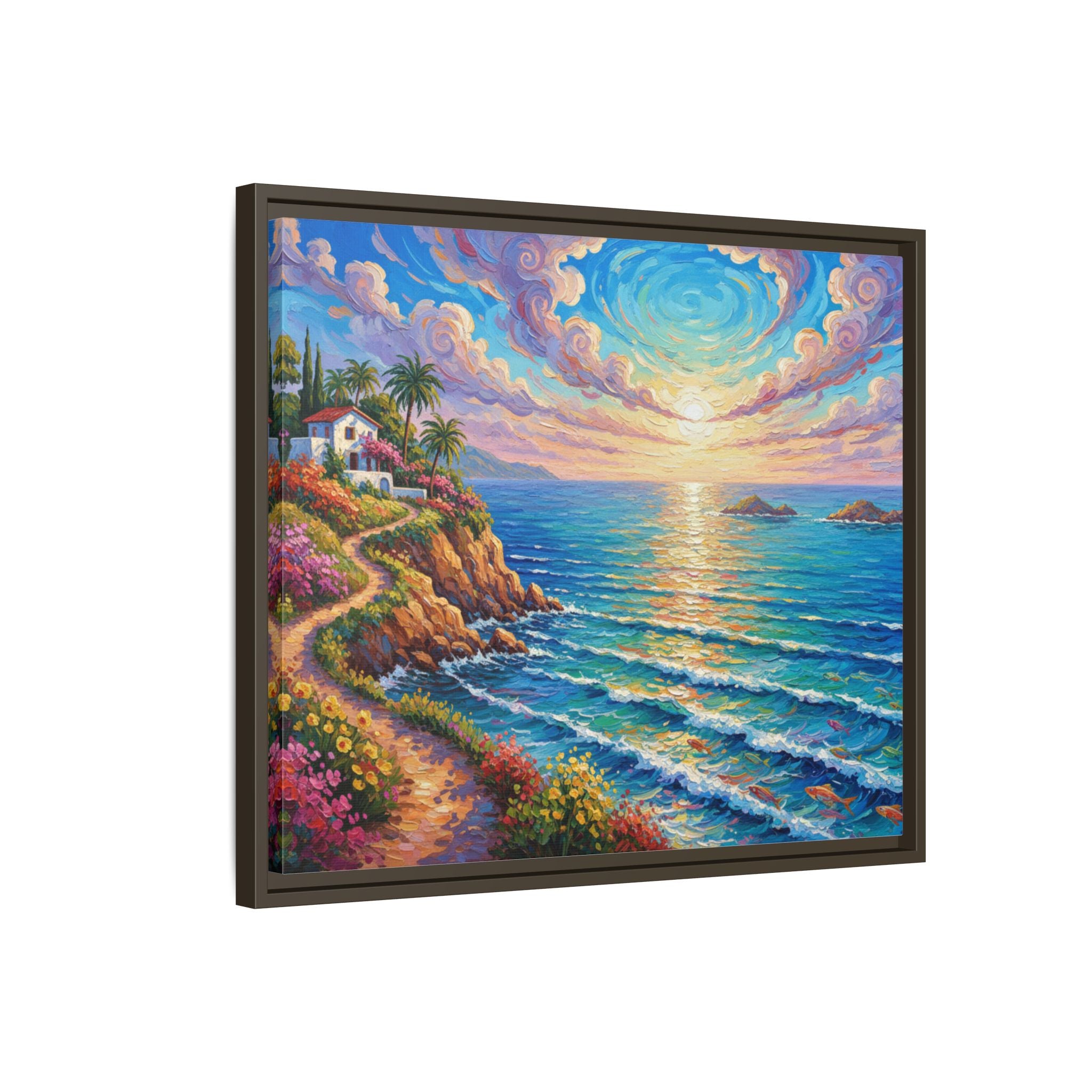 Toile imprimée florale océanique | Décoration murale colorée et lumineuse de paysage marin, œuvre d'art de bureau encadrée et mate