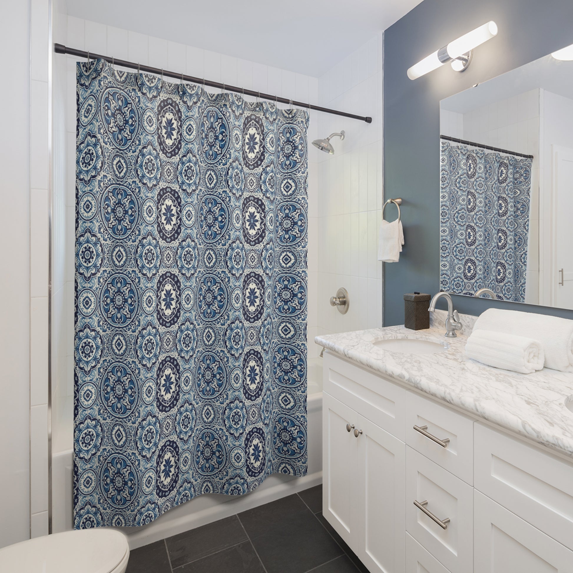 Elegant Azulejo Porcelain Blue Tile Shower Curtain Mediterranean Style Durability for Modern Bathroom Decor Perfect Bridal or Housewarming Gift Bathroom Makeover Housewarming Wedding Gift for Mom Bridal Shower Gift Newlywed - MRSBYVALLE