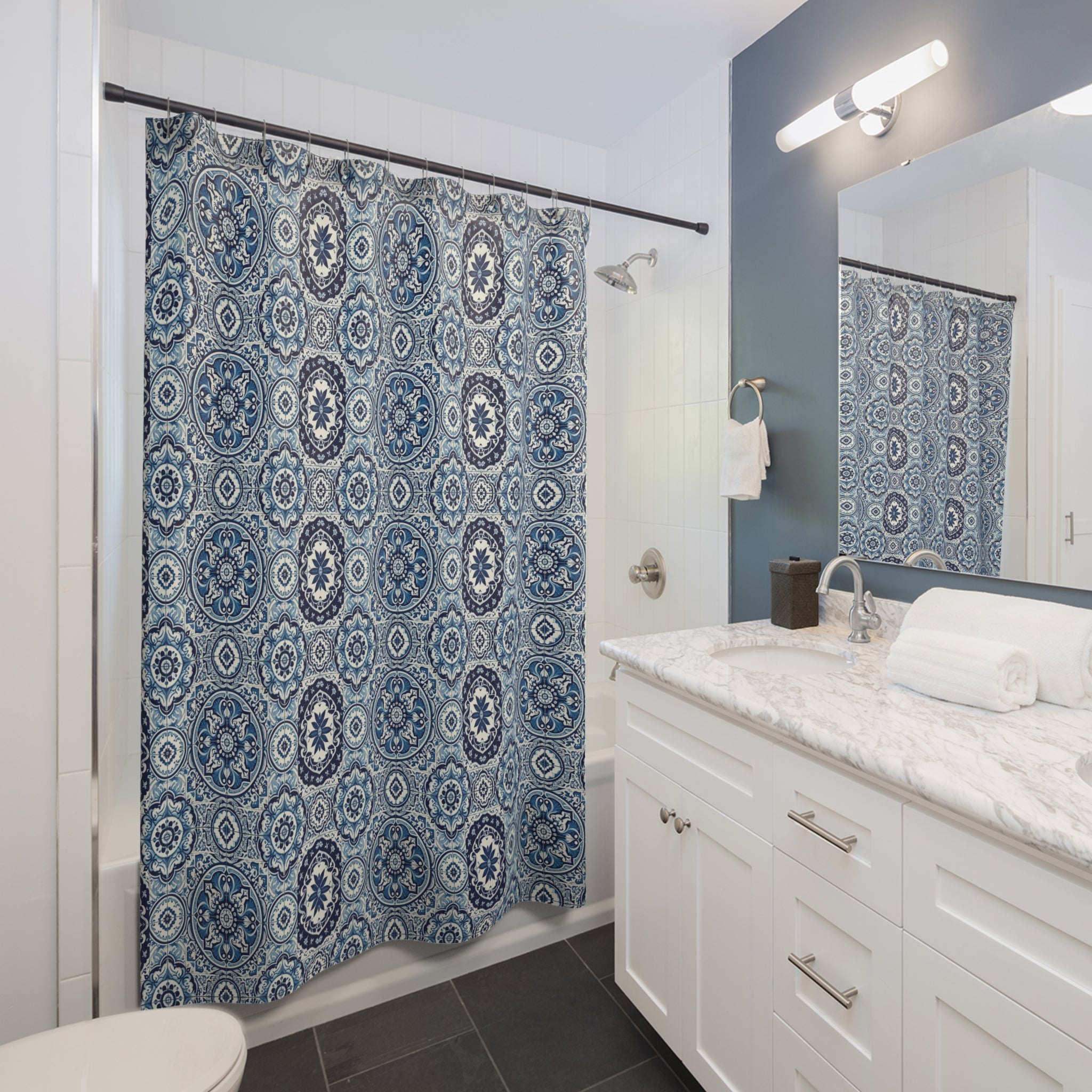 Elegant Azulejo Porcelain Blue Tile Shower Curtain Mediterranean Style Durability for Modern Bathroom Decor Perfect Bridal or Housewarming Gift Bathroom Makeover Housewarming Wedding Gift for Mom Bridal Shower Gift Newlywed - MRSBYVALLE
