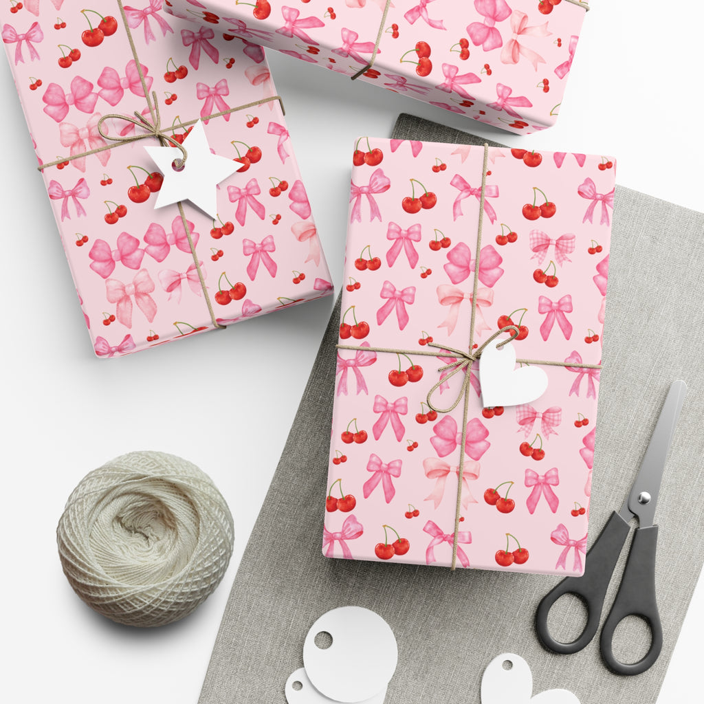 Pink Chic Coquette Wrapping Paper Pink Bows Cherries Elegance Perfect for Gifts Weddings, Bridal Baby Showers All Occasion.
