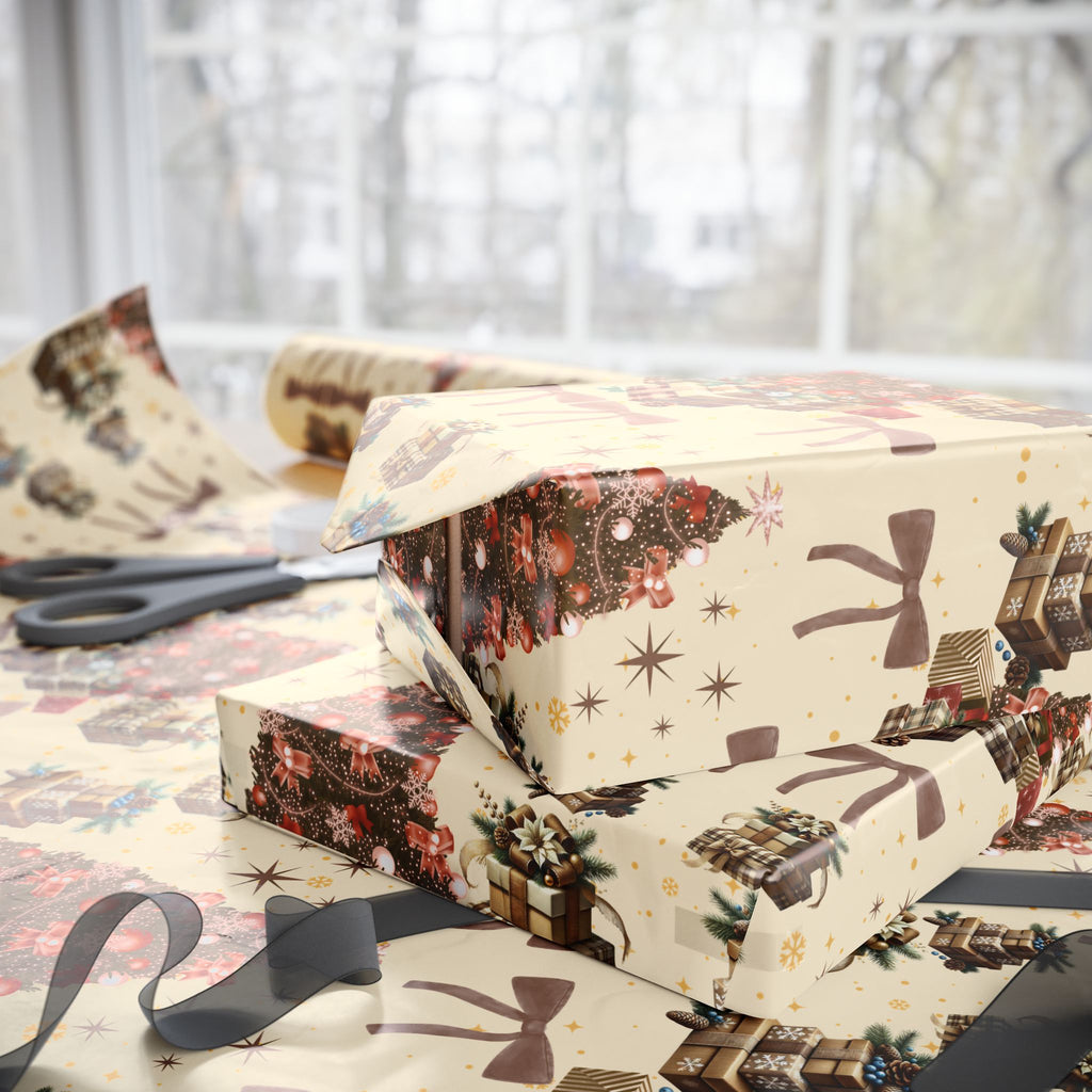 Brown Cozy Christmas Wrapping Paper Warm Holiday Gift Wrap with Tree Pattern  Festive Design