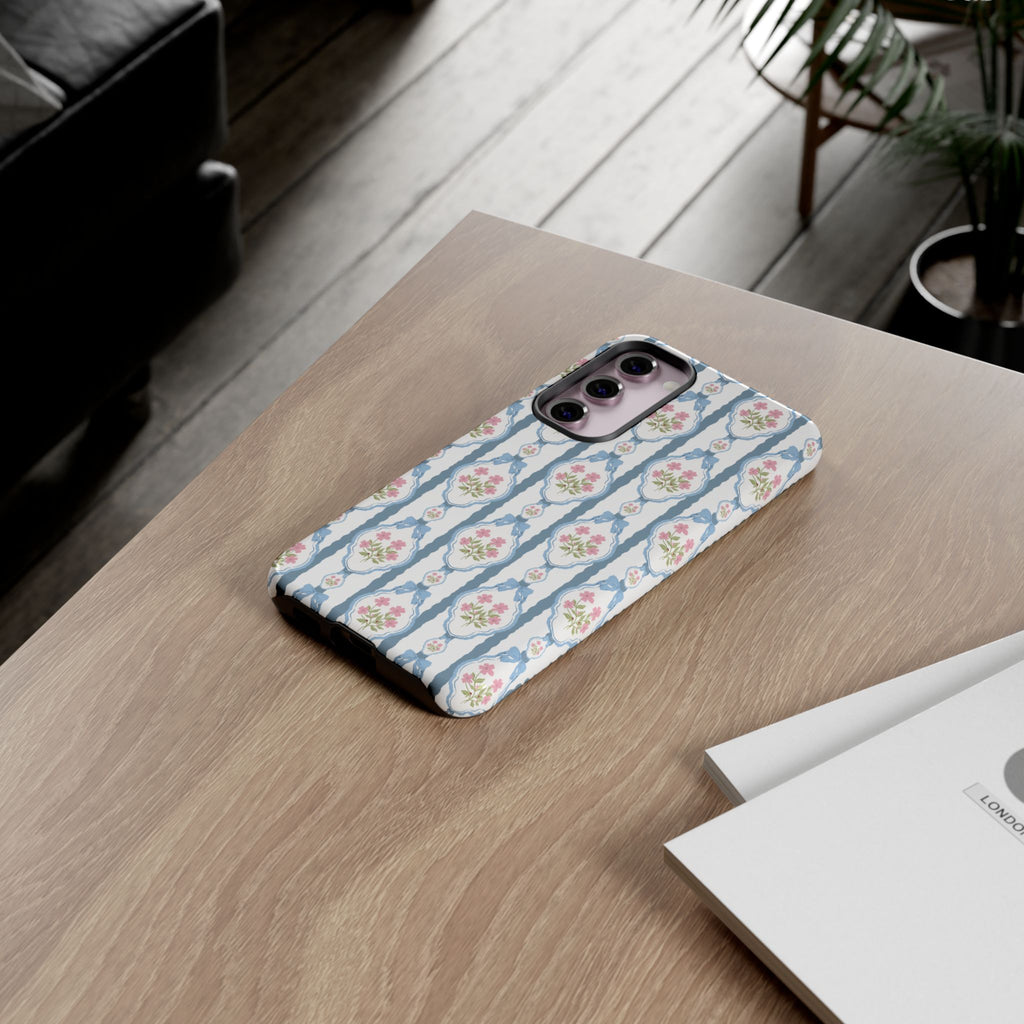 Coque de téléphone Vintage Nœud Bleu et Rose — Motif floral romantique « Tough Cases »