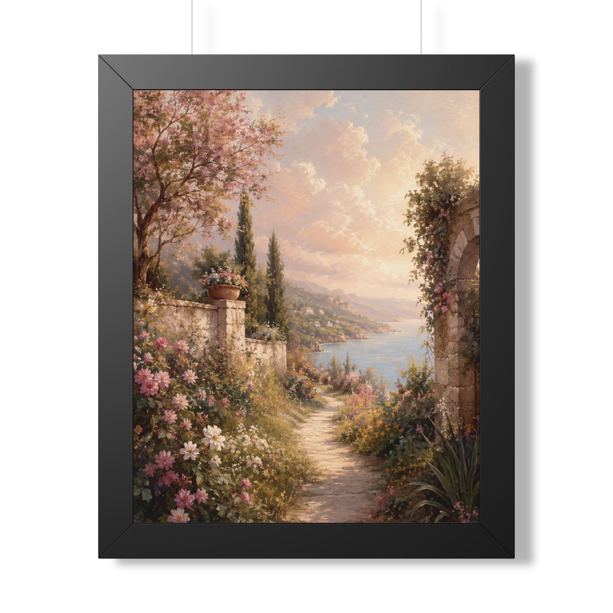 Mediterranean Garden Path Framed Vertical Poster | Coastal Landscape Wall Art