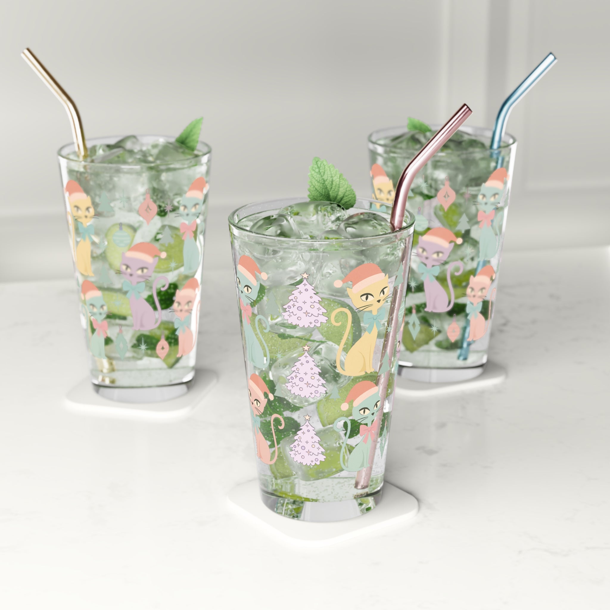 Pastel Atomic Cat Pint Glass, 16oz Retro Mid Century Modern Drinkware, Vintage Kitty Cup with Coquette Bow, Cute Aesthetic Bar Glass for Cat Lovers