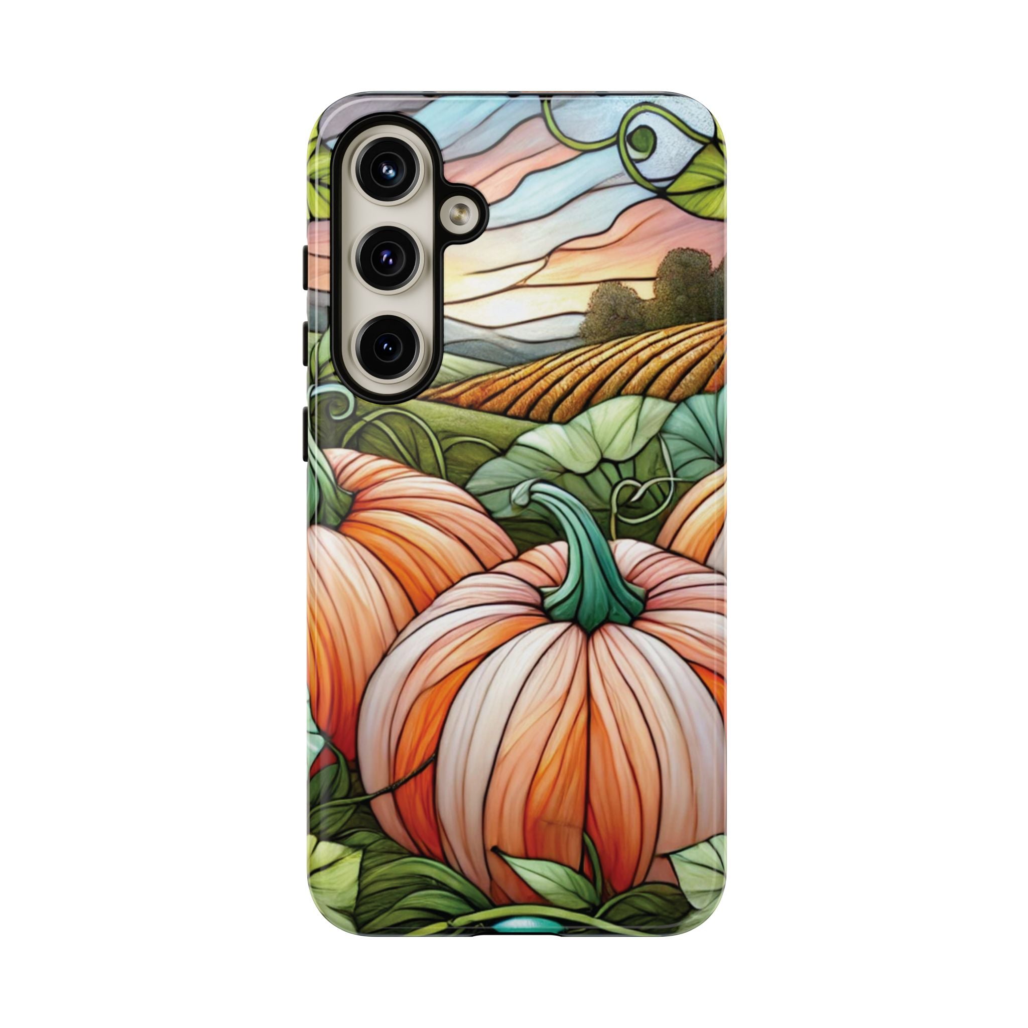 Pumpkins Phone Case Fall Faux Stained-Glass Thanksgiving Cover Pumpkin Lovers Gift for Galaxy S 24 23 22 21 Pixel 5 6 7 8 iPhone 17 , 16 15 14 13 12 Samsung iPhone Samsung Gift for Her