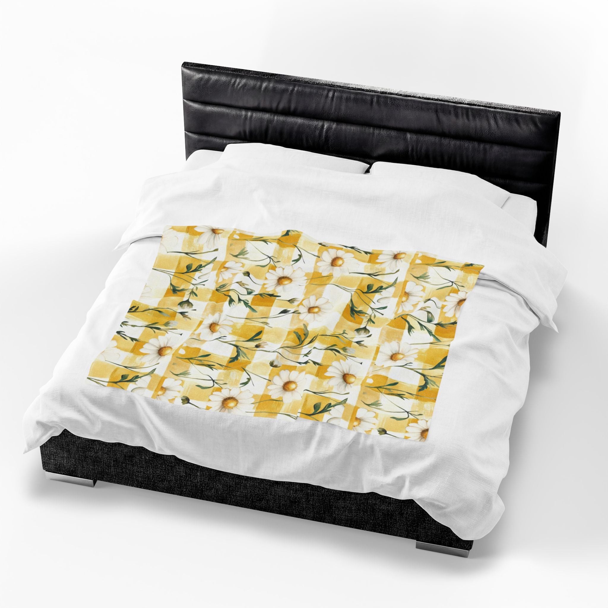 Pastel Yellow Daisy Checker Velveteen Plush Blanket — Spring Floral Cozy Throw