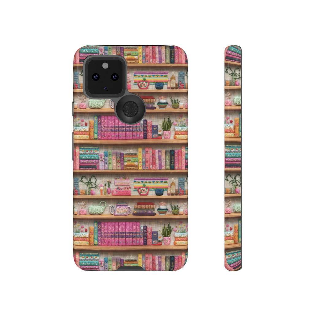 Whimsical 3D Embroidery Illusion Books on Pastel Shelves Phone Case for iPhone, Samsung & Pixel: Unique Accessory for Literary Enthusiasts Gift for Her Perfect for Floral Lover