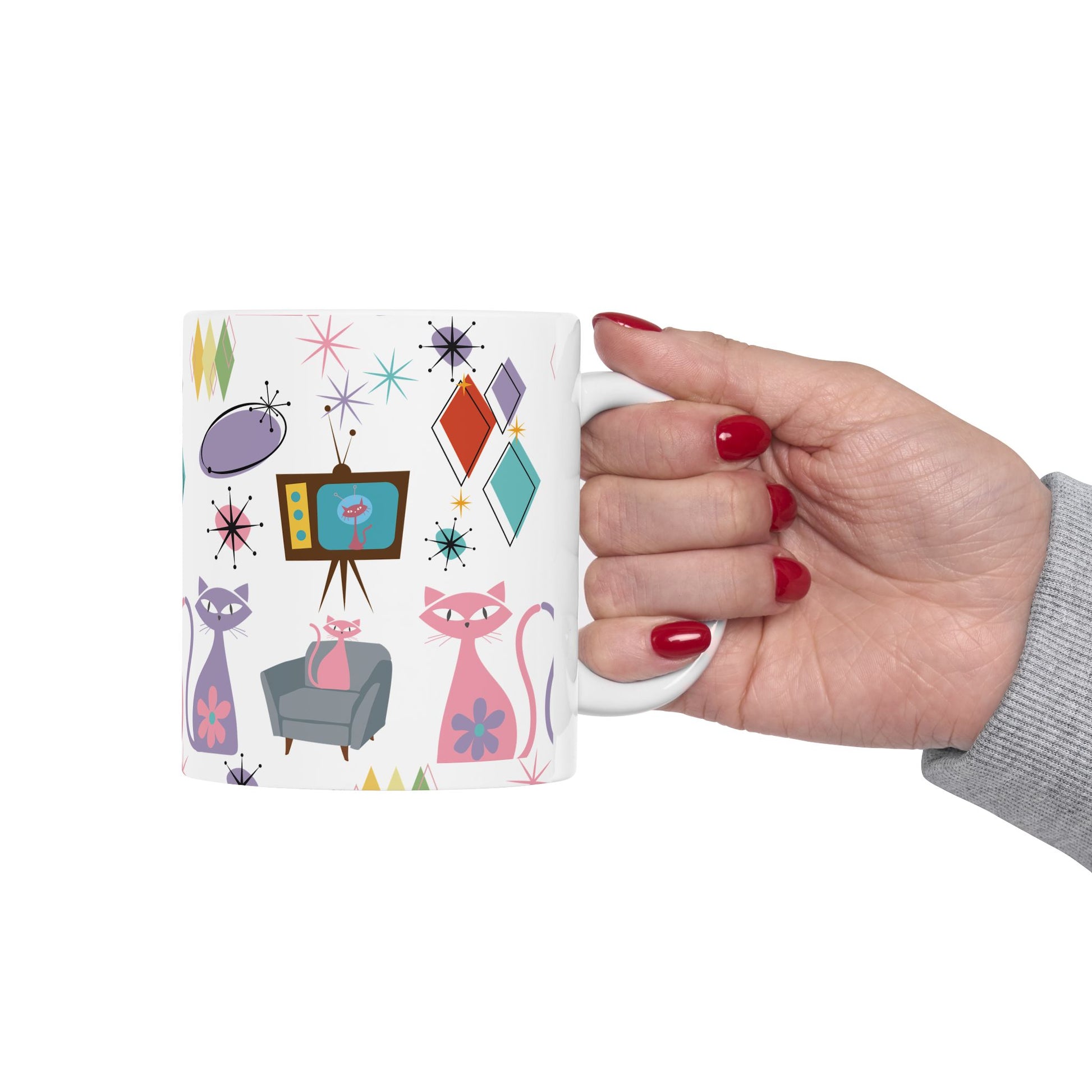 Retro Atomic Cat Mug,  Mid Century Modern Coffee Cup, Vintage Kitty Design , 11oz & 15oz Ceramic Mug for Cat Lovers Gift for Mom and Coffee Lover