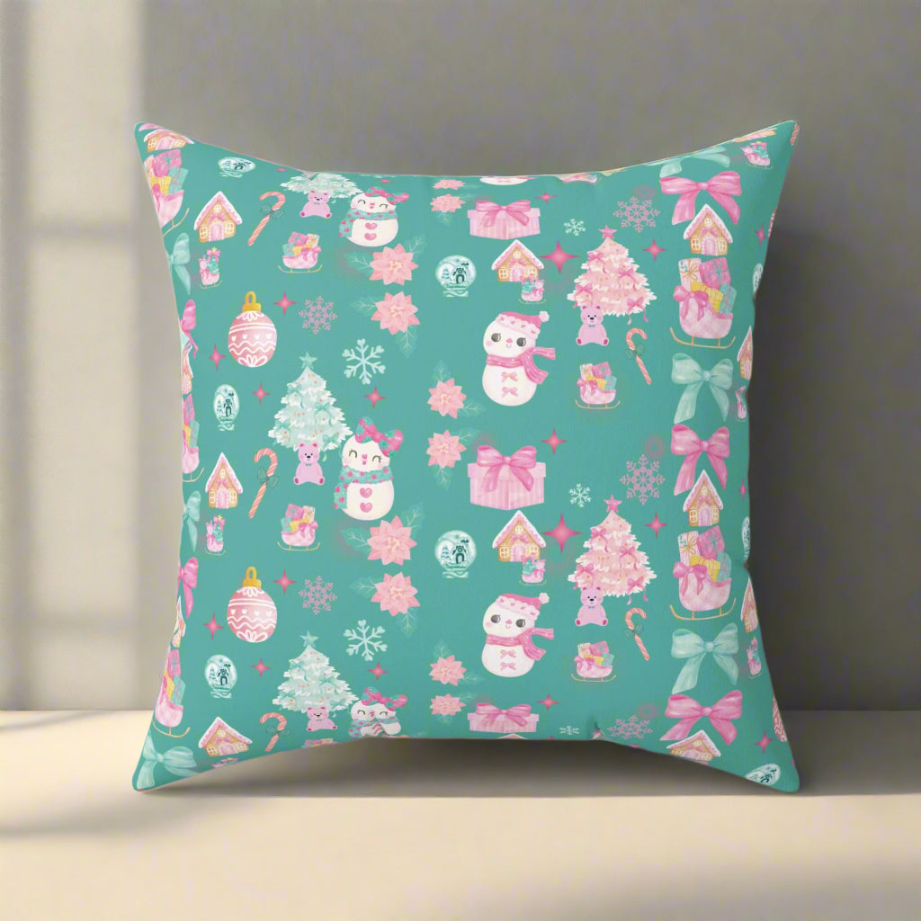 Decorative pillow with a festive pattern on a teal background