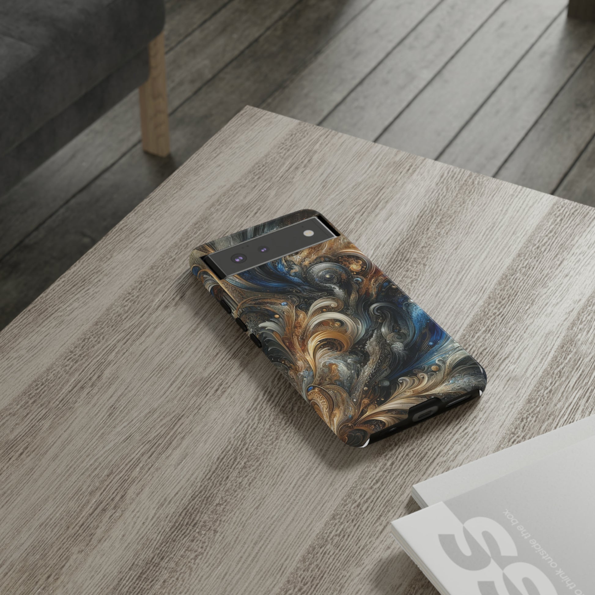 Gold and Navy Art Design Luxury Phone Tough Case Floral Elegant Durable Stylish for Modern Devices iPhone 15, Samsung iPhone Samsung Accessory Gift for Her.
